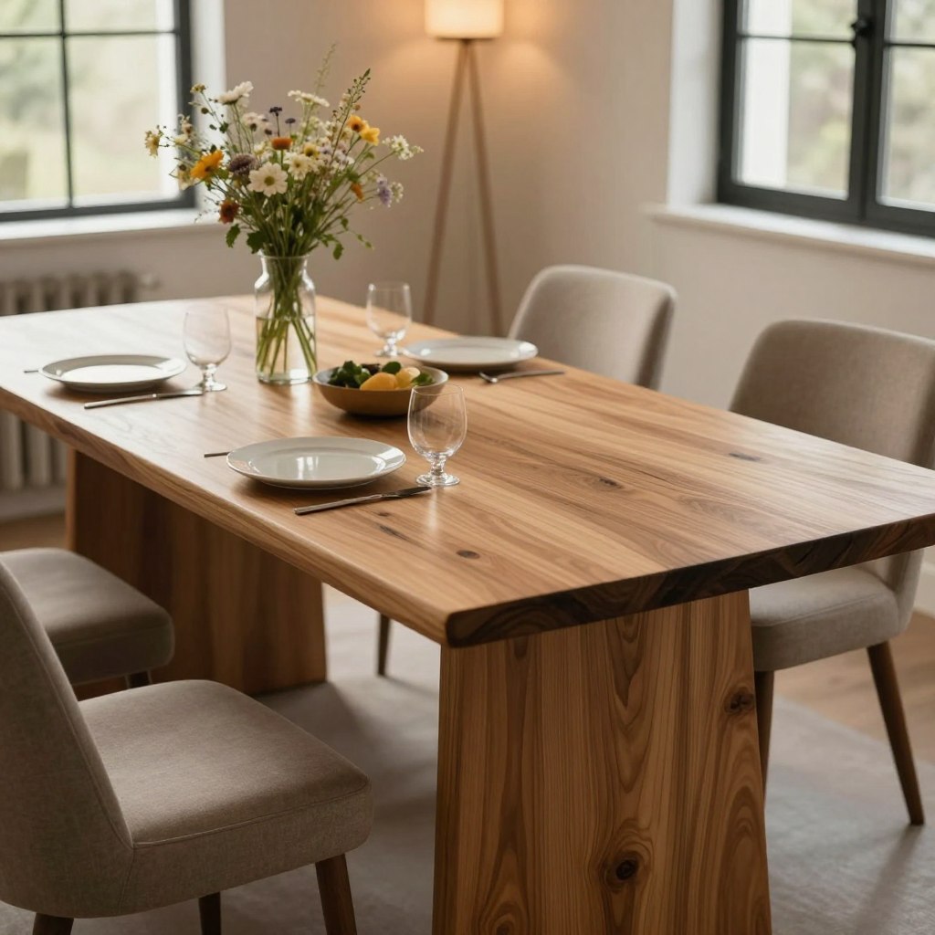 A beautiful natural wood dining table with an organic modern design, featuring smooth, curved edges and a rustic finish that highlights the grain of the wood. In the foreground, the table is set with simple, elegant dinnerware and a vase of fresh wildflowers, creating a welcoming atmosphere. The middle ground showcases a stylish pair of comfortable dining chairs, upholstered in muted tones that complement the table. In the background, a softly lit dining room with large windows allows natural light to filter in, casting gentle shadows. The scene is warm and inviting, using warm, diffused lighting to enhance the cozy ambiance, shot from a slightly elevated angle to showcase the table’s details. The overall mood should evoke relaxation and harmony, perfect for a modern organic dining experience.