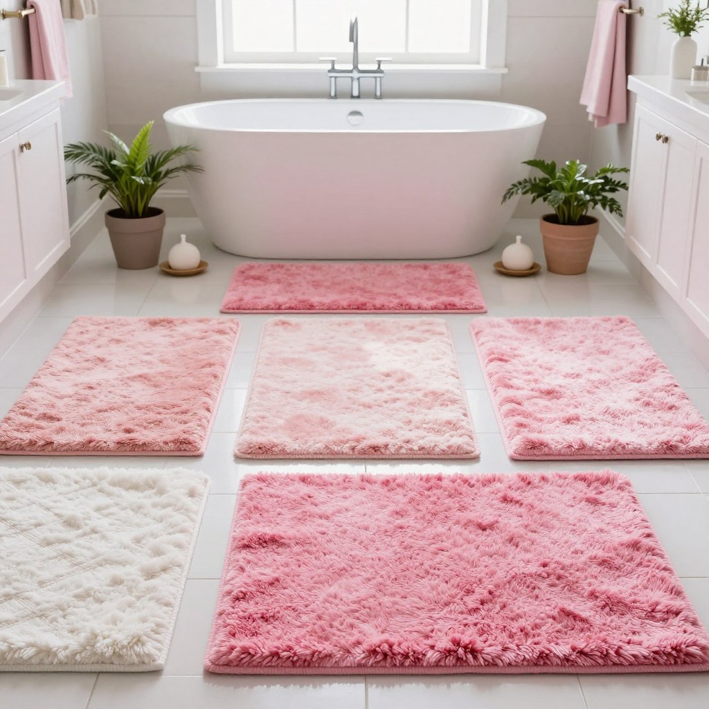 A beautifully arranged bathroom scene showcasing a variety of pink and white bathroom rugs. In the foreground, several plush rugs in different shades and patterns of pink, including soft pastels and vibrant hues, are displayed on a pristine white tiled floor. Each rug features unique textures, such as fluffy, shaggy, and woven styles, all harmonizing with the elegant bathroom decor. In the middle ground, a sleek bathtub with modern fixtures is surrounded by tasteful potted plants and soap dishes, enhancing the serene ambiance. The background includes light-colored walls and natural light streaming in through a frosted window, creating a warm and inviting atmosphere. The overall mood is calm, stylish, and comforting, perfect for a chic bathroom retreat. A beautifully arranged bathroom scene showcasing a variety of pink and white bathroom rugs. In the foreground, several plush rugs in different shades and patterns of pink, including soft pastels and vibrant hues, are displayed on a pristine white tiled floor. Each rug features unique textures, such as fluffy, shaggy, and woven styles, all harmonizing with the elegant bathroom decor. In the middle ground, a sleek bathtub with modern fixtures is surrounded by tasteful potted plants and soap dishes, enhancing the serene ambiance. The background includes light-colored walls and natural light streaming in through a frosted window, creating a warm and inviting atmosphere. The overall mood is calm, stylish, and comforting, perfect for a chic bathroom retreat.