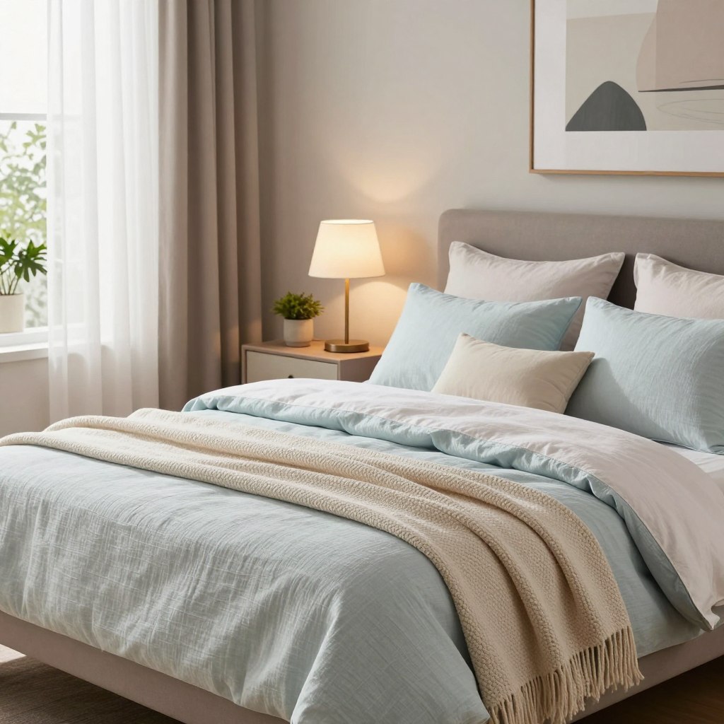 A beautifully arranged bedroom interior showcasing high-quality bedding materials that promote sleep quality. In the foreground, a luxurious king-size bed is adorned with soft, breathable linen sheets in calming pastel shades. Fluffy pillows and a cozy, textured throw blanket add depth and comfort. The middle includes a stylish nightstand with warm ambient lighting from a sleek lamp, creating a serene atmosphere. Soft, diffused natural light streams in through sheer curtains, enhancing the tranquil vibe. In the background, a tastefully decorated wall features calming artwork, while subtle greenery from potted plants adds freshness. Capture this inviting scene with a wide-angle lens, highlighting the harmonious balance of style and comfort, evoking a peaceful mood perfect for sleep.