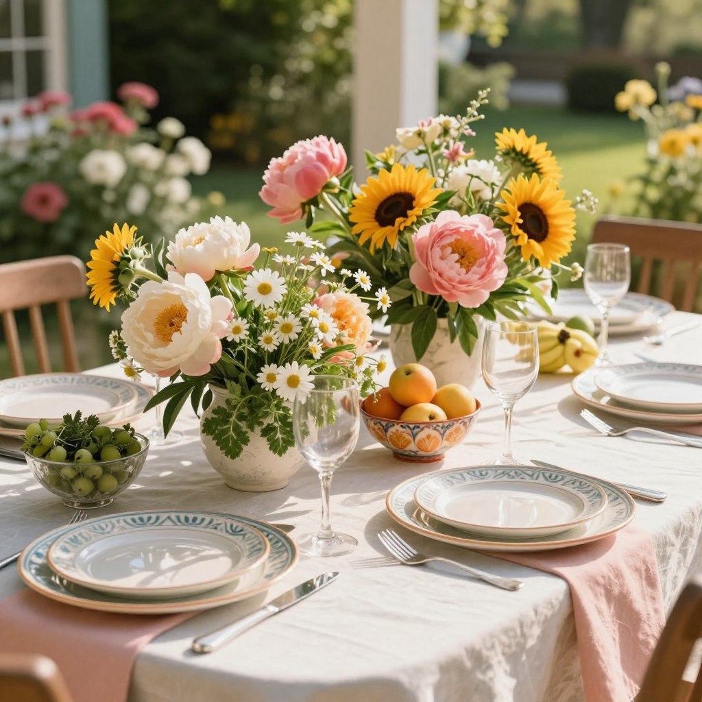 A beautifully arranged dining table set for both spring and summer occasions, adorned with vibrant floral centerpieces featuring peonies, daisies, and sunflowers. The foreground highlights an elegant tablecloth in pastel colors, complemented by artisanal ceramic plates and polished silverware. In the middle, fresh fruits and garden herbs are artistically placed in decorative bowls, evoking a sense of abundance and freshness. The background softly showcases a sun-drenched patio with greenery and blooming flowers, enhancing the seasonal feel. Warm, natural sunlight filters through the table setting, casting gentle shadows, while the overall mood is cheerful and inviting, perfect for stylish gatherings. The image should be captured from a slightly elevated angle to showcase the entire table setup, ensuring a pleasing composition.