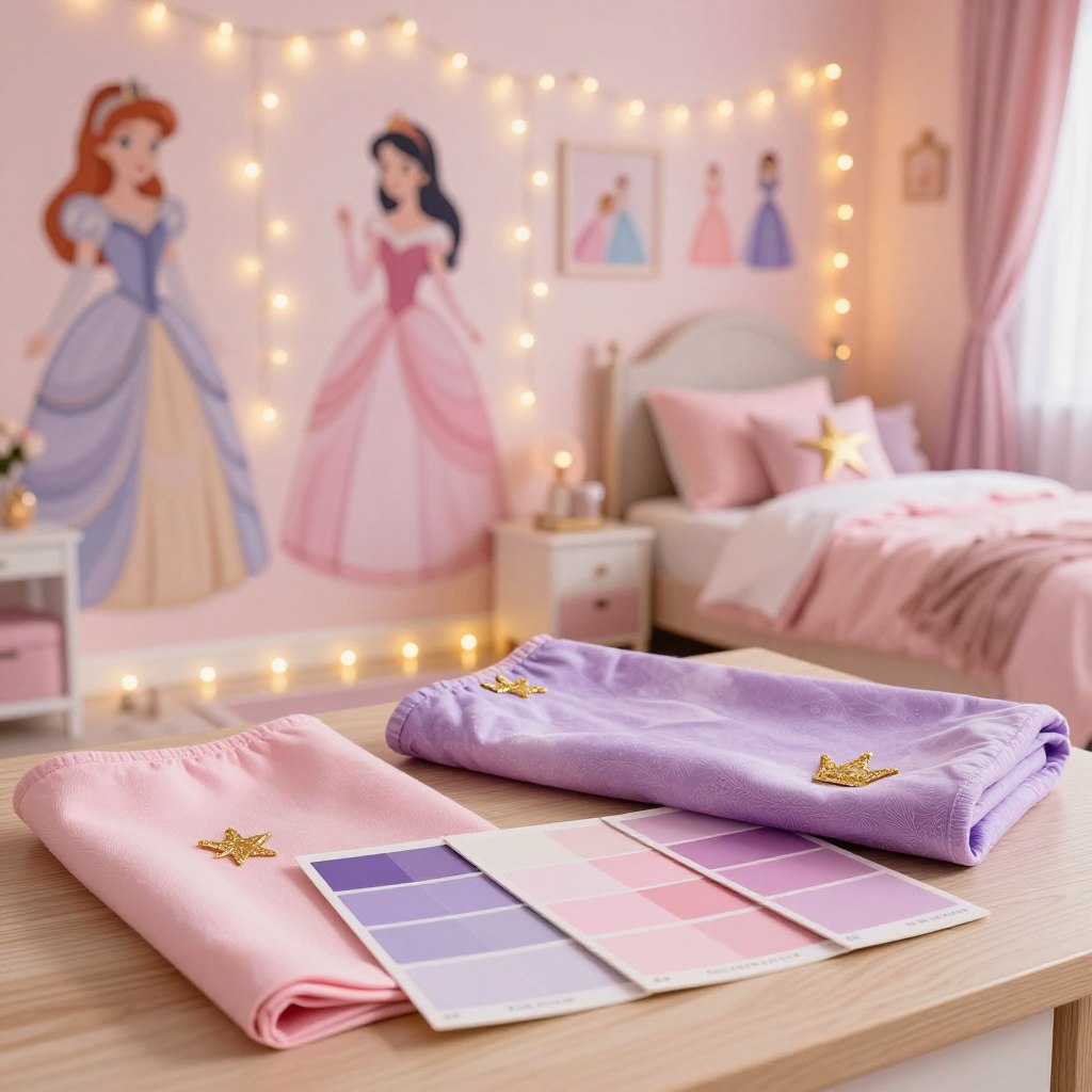 A beautifully arranged display of princess-themed decor color palette options for a girl's bedroom, featuring shades of pastel pinks, soft purples, and delicate gold accents. In the foreground, swatches of fabric and paint samples elegantly lay atop a light wood surface. In the middle ground, a charming wall showcases whimsical princess artwork and fairy lights, creating a magical atmosphere. The background includes a cozy bed adorned with a fluffy pink comforter and cushions shaped like crowns and stars. The lighting is warm and inviting, mimicking the soft glow of a sunset, enhancing the dreamy ambiance. The overall mood is enchanting and playful, perfect for inspiring a princess-themed bedroom transformation. A beautifully arranged display of princess-themed decor color palette options for a girl's bedroom, featuring shades of pastel pinks, soft purples, and delicate gold accents. In the foreground, swatches of fabric and paint samples elegantly lay atop a light wood surface. In the middle ground, a charming wall showcases whimsical princess artwork and fairy lights, creating a magical atmosphere. The background includes a cozy bed adorned with a fluffy pink comforter and cushions shaped like crowns and stars. The lighting is warm and inviting, mimicking the soft glow of a sunset, enhancing the dreamy ambiance. The overall mood is enchanting and playful, perfect for inspiring a princess-themed bedroom transformation.