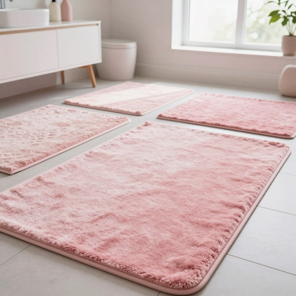 A beautifully arranged display of various pink bath rugs in different sizes placed in an elegantly styled bathroom. In the foreground, feature plush oversized pink rugs with soft textures and subtle patterns, inviting warmth and comfort. In the middle ground, include medium-sized rugs, showcasing complementary shades of pink, enhancing the coordination with the bathroom's decor. The background should display a well-lit, minimalistic bathroom with modern fixtures and soft pastel accents, emphasizing the cozy and stylish atmosphere. Soft natural lighting floods the scene through large windows, creating a serene ambiance. The angle is slightly elevated to capture the entirety of the rug sizes and their placement, evoking an inviting, comfortable space perfect for relaxation. A beautifully arranged display of various pink bath rugs in different sizes placed in an elegantly styled bathroom. In the foreground, feature plush oversized pink rugs with soft textures and subtle patterns, inviting warmth and comfort. In the middle ground, include medium-sized rugs, showcasing complementary shades of pink, enhancing the coordination with the bathroom's decor. The background should display a well-lit, minimalistic bathroom with modern fixtures and soft pastel accents, emphasizing the cozy and stylish atmosphere. Soft natural lighting floods the scene through large windows, creating a serene ambiance. The angle is slightly elevated to capture the entirety of the rug sizes and their placement, evoking an inviting, comfortable space perfect for relaxation.