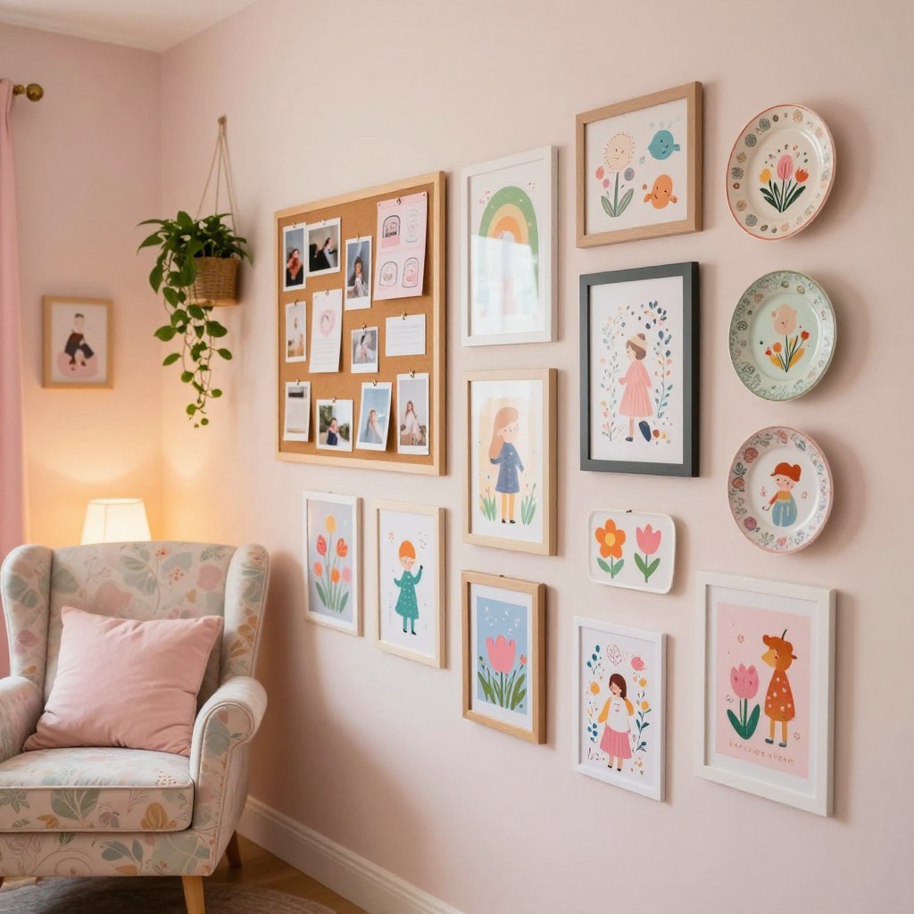 A beautifully arranged girls' bedroom showcasing creative wall decor ideas. In the foreground, a wall adorned with colorful framed artworks, including whimsical prints, inspiring quotes, and an assortment of decorative plates. To the left, a cozy reading nook with a plush armchair covered in pastel patterns. The middle ground features a large corkboard filled with photos and handmade crafts, creating a personal touch. In the background, soft pastel-colored walls subtly illuminated by warm lighting create a cozy atmosphere. A few hanging plants add a touch of nature. The image should be captured from a slightly elevated angle, focusing on the wall decor while maintaining a warm, inviting mood, perfect for a girl's personal space. A beautifully arranged girls' bedroom showcasing creative wall decor ideas. In the foreground, a wall adorned with colorful framed artworks, including whimsical prints, inspiring quotes, and an assortment of decorative plates. To the left, a cozy reading nook with a plush armchair covered in pastel patterns. The middle ground features a large corkboard filled with photos and handmade crafts, creating a personal touch. In the background, soft pastel-colored walls subtly illuminated by warm lighting create a cozy atmosphere. A few hanging plants add a touch of nature. The image should be captured from a slightly elevated angle, focusing on the wall decor while maintaining a warm, inviting mood, perfect for a girl's personal space.