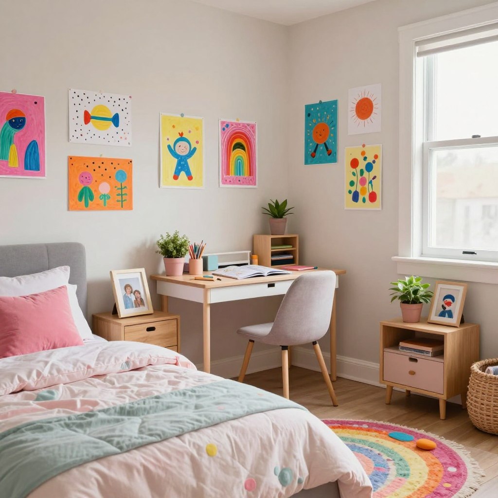 A beautifully arranged girl’s bedroom showcasing personalized decor elements. In the foreground, a cozy bed draped in soft pastel bedding has colorful throw pillows with inspiring quotes. A wooden bedside table displays a framed family photo and a small potted plant. In the middle, a study area features a stylish desk with art supplies, an open sketchbook, and a vibrant rug. The walls are adorned with artwork created by the child, including a mix of bright colors and whimsical designs. In the background, a window allows soft, natural light to illuminate the room, creating a warm and inviting atmosphere. The overall mood is cheerful and imaginative, capturing the essence of a child's personality in the decor. Use a wide-angle lens to encompass the entire room in a soft focus, enhancing the homey feel. A beautifully arranged girl’s bedroom showcasing personalized decor elements. In the foreground, a cozy bed draped in soft pastel bedding has colorful throw pillows with inspiring quotes. A wooden bedside table displays a framed family photo and a small potted plant. In the middle, a study area features a stylish desk with art supplies, an open sketchbook, and a vibrant rug. The walls are adorned with artwork created by the child, including a mix of bright colors and whimsical designs. In the background, a window allows soft, natural light to illuminate the room, creating a warm and inviting atmosphere. The overall mood is cheerful and imaginative, capturing the essence of a child's personality in the decor. Use a wide-angle lens to encompass the entire room in a soft focus, enhancing the homey feel.
