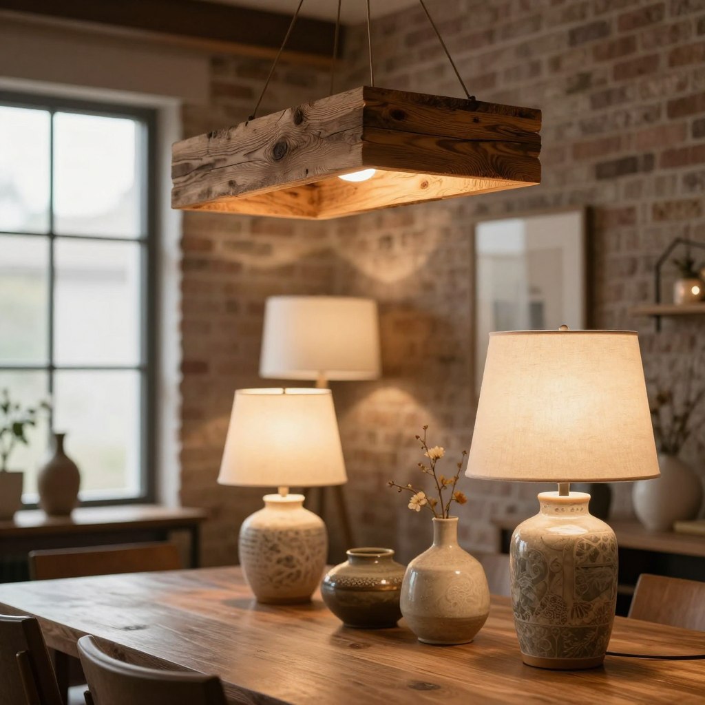 A beautifully arranged interior showcasing stylish rustic home accessories focused on lighting fixtures. In the foreground, a handcrafted wooden pendant light made from reclaimed wood hangs above a cozy dining table, casting a warm glow. In the middle, a collection of decorative table lamps with ceramic bases and soft linen shades adds an inviting touch. In the background, textured brick walls and large windows allow natural light to filter in, enhancing the rustic charm. The scene is softly lit with a warm ambiance, creating a serene atmosphere perfect for cozy living spaces. Capture this image with a shallow depth of field from an angle that emphasizes the intricate details of the lighting fixtures, evoking a sense of comfort and modern rustic elegance. A beautifully arranged interior showcasing stylish rustic home accessories focused on lighting fixtures. In the foreground, a handcrafted wooden pendant light made from reclaimed wood hangs above a cozy dining table, casting a warm glow. In the middle, a collection of decorative table lamps with ceramic bases and soft linen shades adds an inviting touch. In the background, textured brick walls and large windows allow natural light to filter in, enhancing the rustic charm. The scene is softly lit with a warm ambiance, creating a serene atmosphere perfect for cozy living spaces. Capture this image with a shallow depth of field from an angle that emphasizes the intricate details of the lighting fixtures, evoking a sense of comfort and modern rustic elegance.