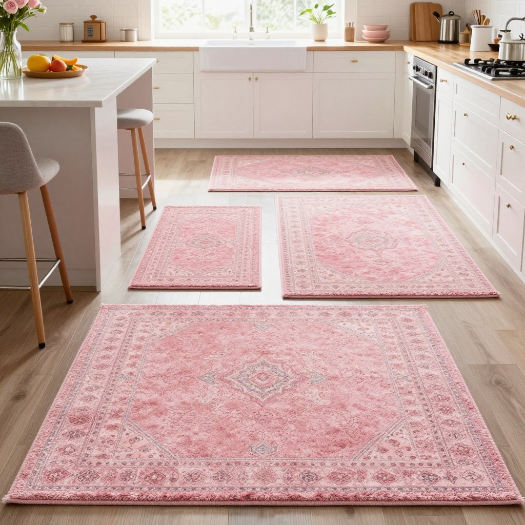 A beautifully arranged kitchen showcasing various pink area rugs of different sizes, laid out in a way that illustrates a sizing guide. In the foreground, focus on a soft, fluffy pink rug with intricate patterns, positioned beside a kitchen island with modern bar stools. In the middle, display two more pink rugs, one smaller and one larger, demonstrating a range of sizes suitable for different kitchen layouts. The background features bright, natural lighting streaming through a window, highlighting a cozy kitchen atmosphere with white cabinets and wooden accents. The scene conveys a warm and inviting mood, perfect for showcasing how pink rugs can enhance kitchen decor. A beautifully arranged kitchen showcasing various pink area rugs of different sizes, laid out in a way that illustrates a sizing guide. In the foreground, focus on a soft, fluffy pink rug with intricate patterns, positioned beside a kitchen island with modern bar stools. In the middle, display two more pink rugs, one smaller and one larger, demonstrating a range of sizes suitable for different kitchen layouts. The background features bright, natural lighting streaming through a window, highlighting a cozy kitchen atmosphere with white cabinets and wooden accents. The scene conveys a warm and inviting mood, perfect for showcasing how pink rugs can enhance kitchen decor.