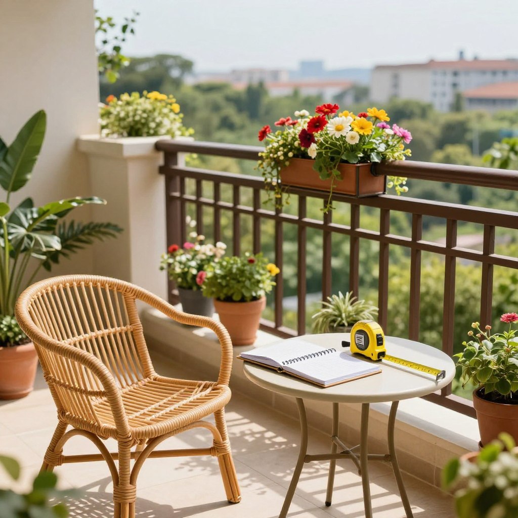 A beautifully arranged outdoor balcony space set in bright daylight, showcasing measuring tools like a tape measure and notepad for assessing dimensions. In the foreground, a stylish rattan chair and a small table with decorative plants create a cozy seating area. The middle background features a wooden railing adorned with colorful potted flowers, providing a vibrant touch. In the far background, a scenic view of lush greenery and distant cityscape enhances the atmosphere. Use warm, natural lighting to create a welcoming mood, with a shallow depth of field to focus on the balcony's decor. Aim for a wide-angle shot that captures the entire balcony layout, emphasizing the theme of maximizing space and style in outdoor decor.