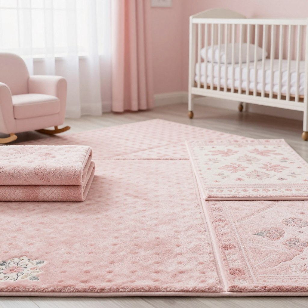 A beautifully arranged selection of blush pink nursery carpets, showcasing various textures and patterns ideal for baby rooms. In the foreground, several soft, plush rugs with delicate floral designs, polka dots, and subtle geometric shapes are neatly displayed, inviting a warm and cozy atmosphere. The middle ground features a stylish, inviting nursery setting, with pastel-colored walls, a crib with fluffy white bedding, and a soft rocking chair, creating a serene space for a baby. The background softly fades into a window with sheer curtains, allowing gentle natural light to illuminate the scene, enhancing the soothing ambience. The overall mood is calming and charming, perfect for parents looking to add a touch of elegance and warmth to their baby's nursery. The image should be bright, airy, and inviting, showcasing materials that are safe and tactile for infants.