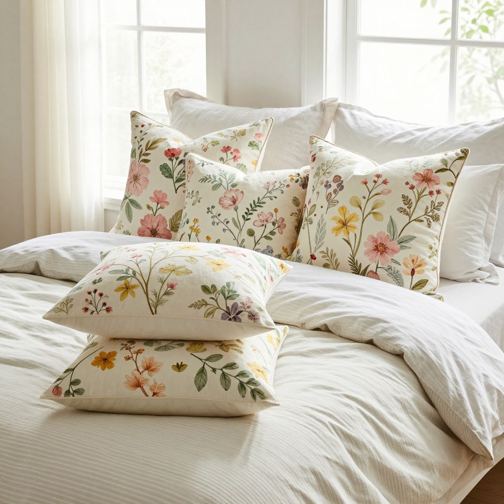 A beautifully arranged set of spring-themed throw pillows displayed on a neatly made bed in a bright, airy bedroom. The pillows feature floral patterns in pastel colors like soft pinks, yellows, and greens, with intricate designs of blossoms and leaves. In the foreground, focus on a couple of plush pillows stacked at the head of the bed, showcasing texture and detail. The middle ground includes a soothing duvet cover with subtle stripes, complemented by cozy throws casually draped. The background reveals light-drenched windows with sheer curtains fluttering in a gentle breeze, adding a fresh and cheerful atmosphere. The scene is illuminated with natural light, enhancing the colors and creating a warm, inviting mood that embodies the essence of spring. Capture this from a slightly elevated angle to encompass the overall layout and harmony of the bedding accessories.