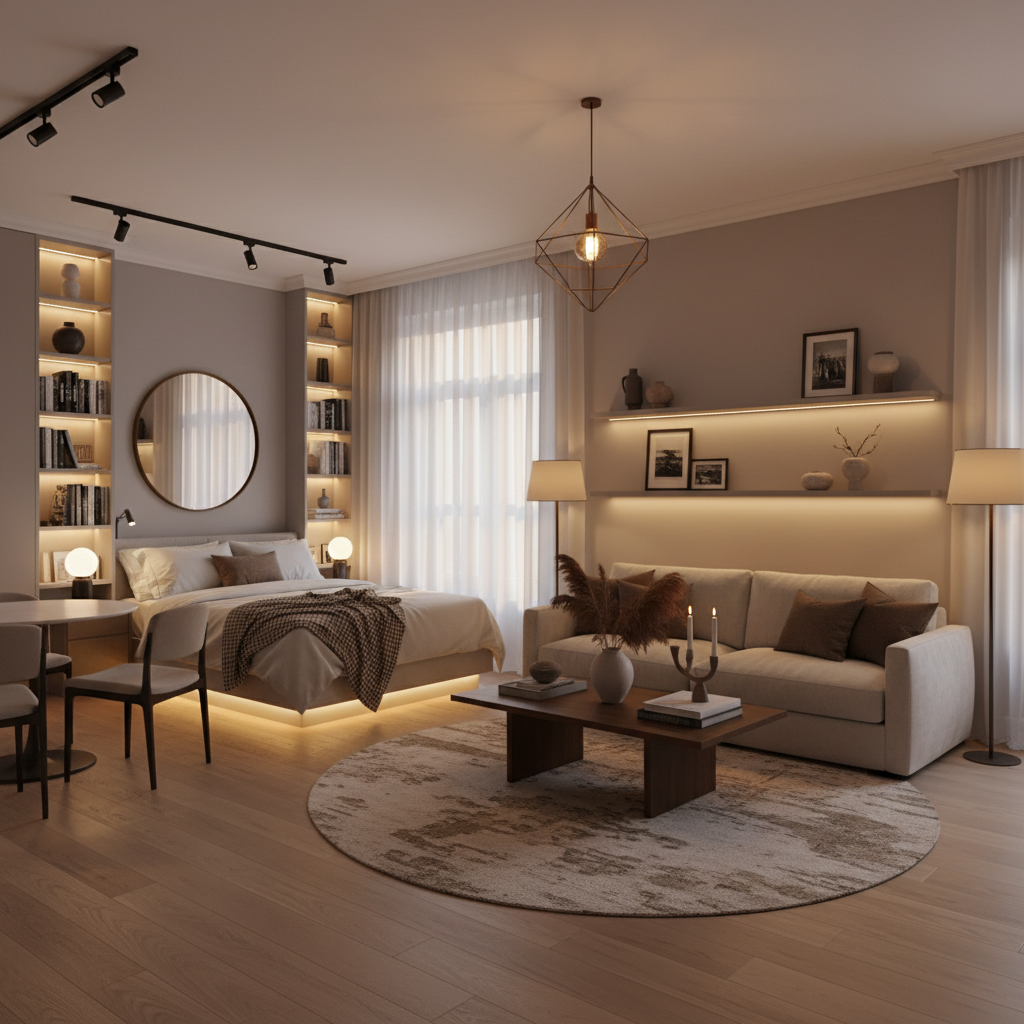 A beautifully arranged studio apartment showcasing layered lighting techniques. In the foreground, a cozy seating area with a modern sofa, accent pillows, and a stylish coffee table lit by a warm table lamp. In the middle, a compact dining space featuring a small round table and chairs, illuminated by pendant lights overhead, casting gentle shadows. In the background, a well-organized kitchen area with under-cabinet lighting highlighting the countertop, accompanied by soft wall sconces creating ambiance. The overall atmosphere is inviting and sophisticated, with a combination of warm and cool-toned lights, ensuring a harmonious balance. Use a slightly elevated angle to capture the entire space, emphasizing the interplay of light and shadows while maintaining a sense of intimacy in the setting. A beautifully arranged studio apartment showcasing layered lighting techniques. In the foreground, a cozy seating area with a modern sofa, accent pillows, and a stylish coffee table lit by a warm table lamp. In the middle, a compact dining space featuring a small round table and chairs, illuminated by pendant lights overhead, casting gentle shadows. In the background, a well-organized kitchen area with under-cabinet lighting highlighting the countertop, accompanied by soft wall sconces creating ambiance. The overall atmosphere is inviting and sophisticated, with a combination of warm and cool-toned lights, ensuring a harmonious balance. Use a slightly elevated angle to capture the entire space, emphasizing the interplay of light and shadows while maintaining a sense of intimacy in the setting.