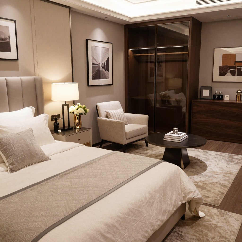 A beautifully arranged upscale bedroom showcasing elegant furniture that embodies comfort and style. In the foreground, a plush king-size bed with a tufted headboard and luxurious bedding in soft, neutral tones. Beside the bed, a stylish nightstand with a modern lamp and a decorative vase of fresh flowers. In the middle ground, a cozy seating area featuring a chic armchair and a chic coffee table with a stack of art books. The background presents a tastefully designed wardrobe and artwork on the walls, illuminated by soft, ambient lighting that creates a warm and inviting atmosphere. The perspective is from a slightly elevated angle, capturing the entire room with a focus on balance and tranquility. A beautifully arranged upscale bedroom showcasing elegant furniture that embodies comfort and style. In the foreground, a plush king-size bed with a tufted headboard and luxurious bedding in soft, neutral tones. Beside the bed, a stylish nightstand with a modern lamp and a decorative vase of fresh flowers. In the middle ground, a cozy seating area featuring a chic armchair and a chic coffee table with a stack of art books. The background presents a tastefully designed wardrobe and artwork on the walls, illuminated by soft, ambient lighting that creates a warm and inviting atmosphere. The perspective is from a slightly elevated angle, capturing the entire room with a focus on balance and tranquility.