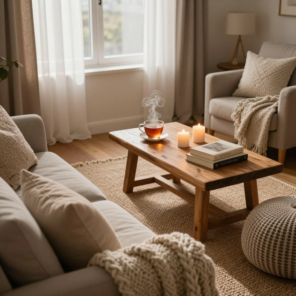 A beautifully curated cozy living space featuring essential home decor items. In the foreground, soft throw pillows and a plush knitted blanket adorn a comfortable armchair, inviting relaxation. The middle ground showcases a rustic wooden coffee table, adorned with a steaming cup of tea, a stack of books, and fragrant candles. The background reveals a serene window with sheer curtains gently diffusing warm, natural light, casting a soft glow throughout the room. A variety of textured textiles, including a woven area rug and a cozy pouf, enhance the inviting atmosphere. The overall mood is calm and welcoming, perfect for a peaceful retreat. Use a warm color palette to evoke comfort and intimacy. Shoot at a slightly elevated angle to capture the depth of the room.