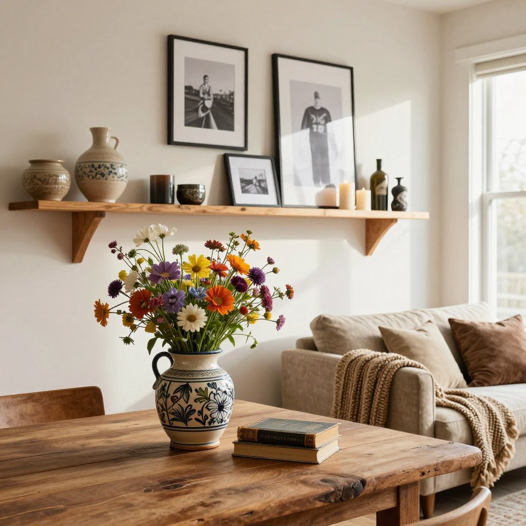 A beautifully curated interior space showcasing meaningful home accents, featuring handcrafted decor and artistic displays. In the foreground, a rustic wooden table adorned with an intricate ceramic vase filled with colorful wildflowers, and a vintage book stacked beside it. The middle ground includes a wall-mounted shelf showcasing handmade pottery, framed black-and-white photographs, and artisanal candles, all casting soft shadows. The background is a cozy living room bathed in warm, natural light from a nearby window, highlighting a textured fabric couch and a woven throw blanket draped over the arm. The overall atmosphere exudes warmth, creativity, and personal storytelling, inviting viewers to connect with the essence of home.