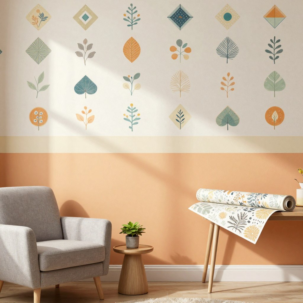 A beautifully curated room showcasing affordable wall decor ideas with a focus on paint and wallpaper. In the foreground, a stylish armchair and side table with a small potted plant. The middle layer features a freshly painted wall in a warm, inviting color with a bold accent stripe, alongside a sample of patterned wallpaper rolled out on a table. The background displays a well-lit wall adorned with a cheerful, geometric wallpaper design. The lighting is soft and natural, casting gentle shadows, creating a cozy atmosphere. A wide-angle view highlights the transformation effect on the room, emphasizing the creativity of inexpensive updates. The overall mood is inspiring and cheerful, perfect for anyone seeking to refresh their space. A beautifully curated room showcasing affordable wall decor ideas with a focus on paint and wallpaper. In the foreground, a stylish armchair and side table with a small potted plant. The middle layer features a freshly painted wall in a warm, inviting color with a bold accent stripe, alongside a sample of patterned wallpaper rolled out on a table. The background displays a well-lit wall adorned with a cheerful, geometric wallpaper design. The lighting is soft and natural, casting gentle shadows, creating a cozy atmosphere. A wide-angle view highlights the transformation effect on the room, emphasizing the creativity of inexpensive updates. The overall mood is inspiring and cheerful, perfect for anyone seeking to refresh their space.