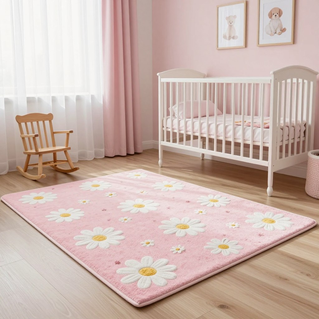 A beautifully designed baby girl nursery featuring soft pink rugs with delicate floral patterns. In the foreground, a plush pink rug adorned with whimsical white daisies lies on a light wooden floor, inviting a sense of warmth and comfort. The middle of the room showcases a white crib with pastel-colored bedding and a small wooden rocking chair. Soft, diffused lighting filters in through sheer curtains, creating a serene atmosphere. In the background, a light pink accent wall complements the room's decor, with framed artwork of baby animals. The overall mood is cozy and charming, perfect for a nurturing environment tailored for a baby girl. Use a wide-angle lens to capture the entire scene, highlighting the harmonious balance of colors and textures.