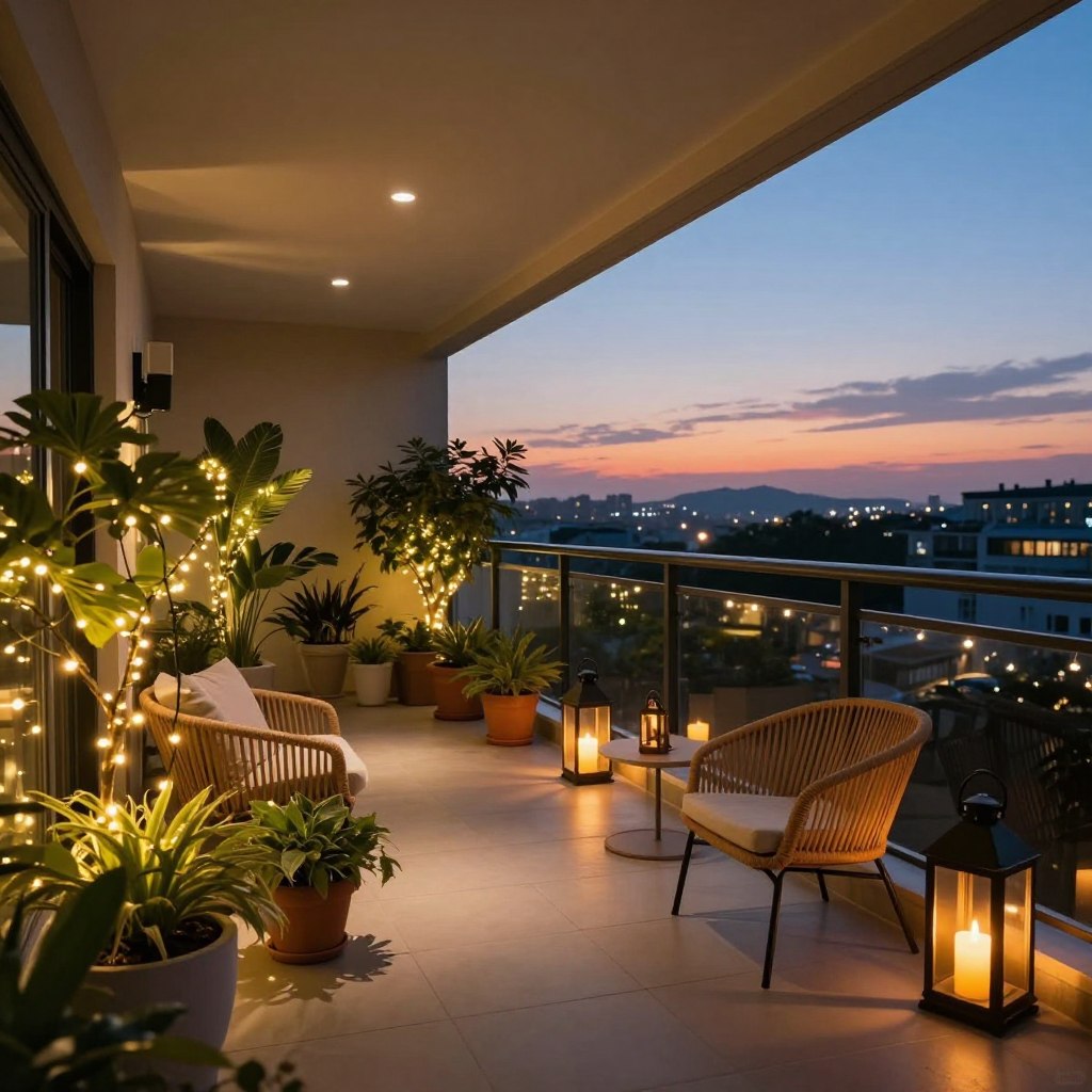 A beautifully designed balcony at dusk, showcasing a cozy ambiance enhanced by various outdoor lighting options. In the foreground, soft, warm fairy lights elegantly wrap around lush potted plants and stylish furniture like a modern rattan chair and a small side table. In the middle ground, lanterns with flickering candles create a romantic glow on the balcony railing. Subtle downlights are recessed into the balcony ceiling, casting gentle illumination. The background features a serene city skyline with colorful sunset hues blending into the evening sky, promoting a peaceful atmosphere. The scene is captured from a slightly elevated angle, emphasizing the inviting setup. The mood is tranquil and inviting, perfect for relaxing evenings outdoors.