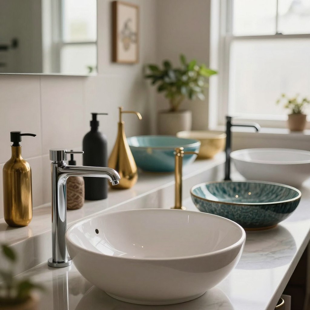 A beautifully designed bathroom featuring an array of vessel sink faucet designs. In the foreground, focus on a sleek, modern vessel sink with a tall, elegant faucet made from polished chrome, reflecting light. The middle ground showcases a variety of artistic faucets—some with intricate designs in matte black, others in brushed gold—paired with various vibrant vessel sinks crafted from ceramic and glass. In the background, a softly lit bathroom with tasteful wall decor and potted plants adds warmth and a serene atmosphere. Natural light streams through a frosted window, creating a calming ambiance. The scene highlights both functionality and artistic elegance, perfect for transforming a bathroom's look. A beautifully designed bathroom featuring an array of vessel sink faucet designs. In the foreground, focus on a sleek, modern vessel sink with a tall, elegant faucet made from polished chrome, reflecting light. The middle ground showcases a variety of artistic faucets—some with intricate designs in matte black, others in brushed gold—paired with various vibrant vessel sinks crafted from ceramic and glass. In the background, a softly lit bathroom with tasteful wall decor and potted plants adds warmth and a serene atmosphere. Natural light streams through a frosted window, creating a calming ambiance. The scene highlights both functionality and artistic elegance, perfect for transforming a bathroom's look.