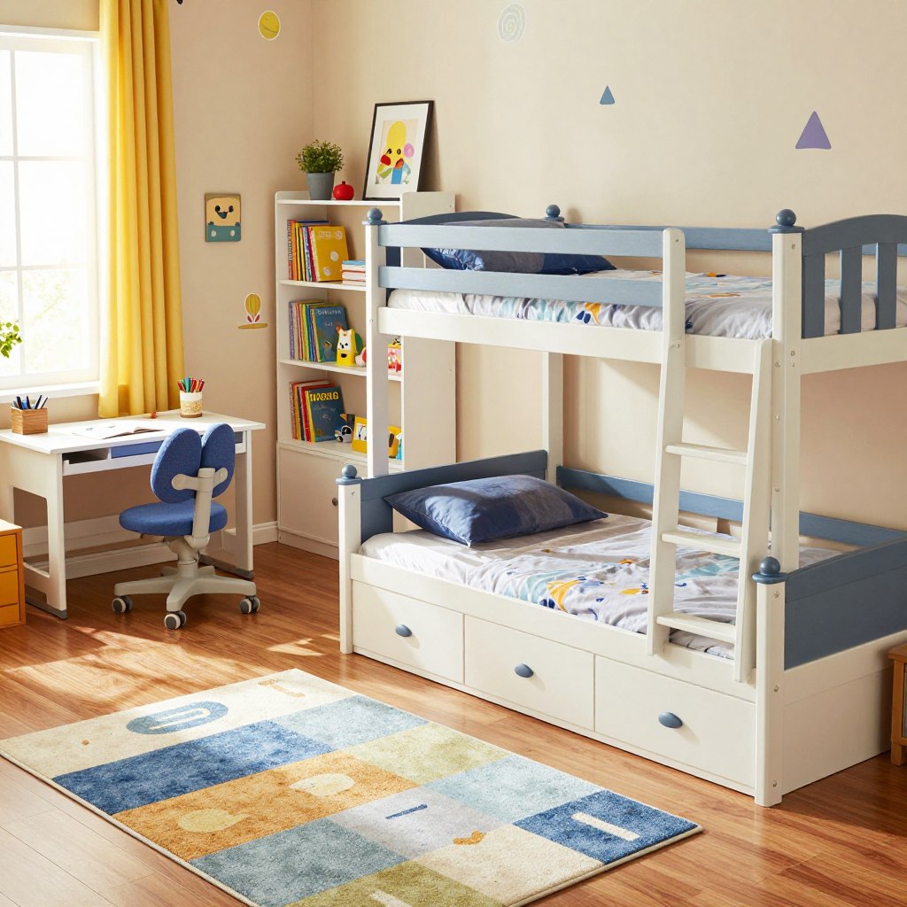 A beautifully designed children's bedroom with functional furniture ideal for a modern boy's room. In the foreground, showcase a stylish bunk bed with integrated storage drawers beneath, and a colorful rug on a polished wooden floor. To the left, a compact desk with a playful chair, accentuated by school supplies neatly organized on the tabletop. In the middle, include a bookshelf filled with vibrant books and toys, with decorative elements like small plants and framed artwork. The background features playful wall decals and bright window curtains, letting in cheerful sunlight. Use soft, warm lighting to create an inviting atmosphere. Capture this scene with a slightly elevated angle, simulating a cozy perspective. Aim for a mood that feels both fun and stylish, reflecting a well-thought-out design for a child's personal space.