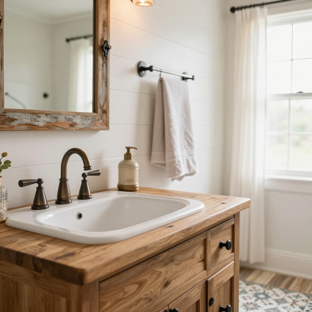 A beautifully designed farmhouse bathroom showcasing a selection of exquisite bathroom fixtures. In the foreground, a rustic wooden sink vanity with vintage black metal handles and a large, curved porcelain sink. The middle-ground features a charming oil-rubbed bronze faucet with intricate detailing, complemented by coordinating towel racks and a decorative mirror with a distressed wood frame. The background reveals soft white shiplap walls and a large window with sheer curtains, letting in warm, natural light that creates a cozy, inviting atmosphere. The flooring is a mix of light-colored reclaimed wood and vintage patterned tiles. Capture the essence of farmhouse style: warm, welcoming, and elegant, using a soft focus lens to enhance the inviting feel of the space. A beautifully designed farmhouse bathroom showcasing a selection of exquisite bathroom fixtures. In the foreground, a rustic wooden sink vanity with vintage black metal handles and a large, curved porcelain sink. The middle-ground features a charming oil-rubbed bronze faucet with intricate detailing, complemented by coordinating towel racks and a decorative mirror with a distressed wood frame. The background reveals soft white shiplap walls and a large window with sheer curtains, letting in warm, natural light that creates a cozy, inviting atmosphere. The flooring is a mix of light-colored reclaimed wood and vintage patterned tiles. Capture the essence of farmhouse style: warm, welcoming, and elegant, using a soft focus lens to enhance the inviting feel of the space.