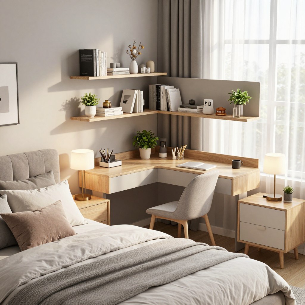 A beautifully designed functional bedroom featuring organized storage solutions. In the foreground, a neatly made bed with soft, neutral-colored linens and an inviting array of decorative pillows. On either side, stylish nightstands with modern lamps. In the middle, a minimalist desk with a sleek organizer holding stationery and a potted plant. Floating shelves on the wall display books and decorative items, emphasizing organization. The background showcases a large window with sheer curtains, allowing warm, natural sunlight to fill the room. Light wood accents and soft grey walls create a calming atmosphere, perfect for relaxation. Capture this scene from a slightly elevated angle to give a comprehensive view of the space, evoking a sense of serenity and purposeful design.