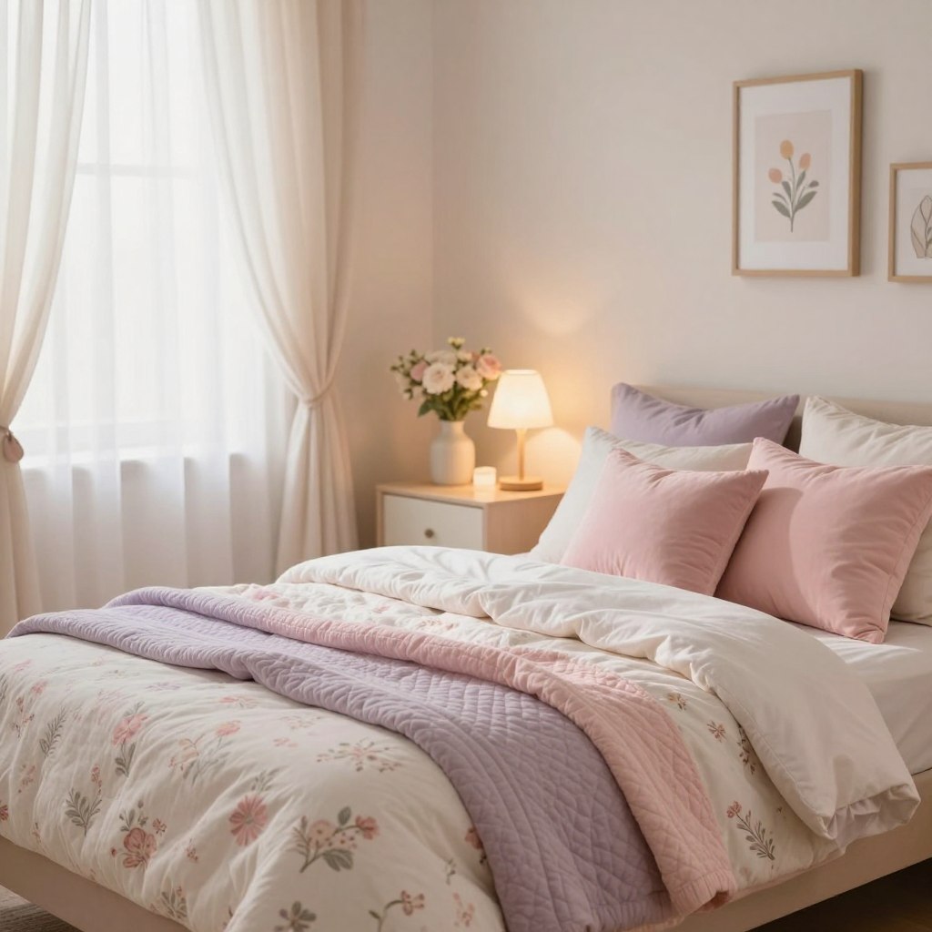 A beautifully designed girls' bedroom featuring cozy bedding and textiles. In the foreground, a neatly made twin bed adorned with soft, pastel-colored blankets, featuring floral patterns and plush cushions in shades of pink and lavender. A delicate quilt drapes over the foot of the bed, adding warmth. Light, airy curtains gently billow in a gentle breeze, allowing soft, natural light to illuminate the room. In the middle ground, a charming nightstand displays a small vase of fresh flowers, and a whimsical lamp casts a warm glow. The background features light-colored walls with framed art and decorative elements, creating an inviting atmosphere. The overall mood is warm, peaceful, and perfectly suited for a cozy, inviting girls' retreat, shot with a soft focus lens for a dreamy effect. A beautifully designed girls' bedroom featuring cozy bedding and textiles. In the foreground, a neatly made twin bed adorned with soft, pastel-colored blankets, featuring floral patterns and plush cushions in shades of pink and lavender. A delicate quilt drapes over the foot of the bed, adding warmth. Light, airy curtains gently billow in a gentle breeze, allowing soft, natural light to illuminate the room. In the middle ground, a charming nightstand displays a small vase of fresh flowers, and a whimsical lamp casts a warm glow. The background features light-colored walls with framed art and decorative elements, creating an inviting atmosphere. The overall mood is warm, peaceful, and perfectly suited for a cozy, inviting girls' retreat, shot with a soft focus lens for a dreamy effect.