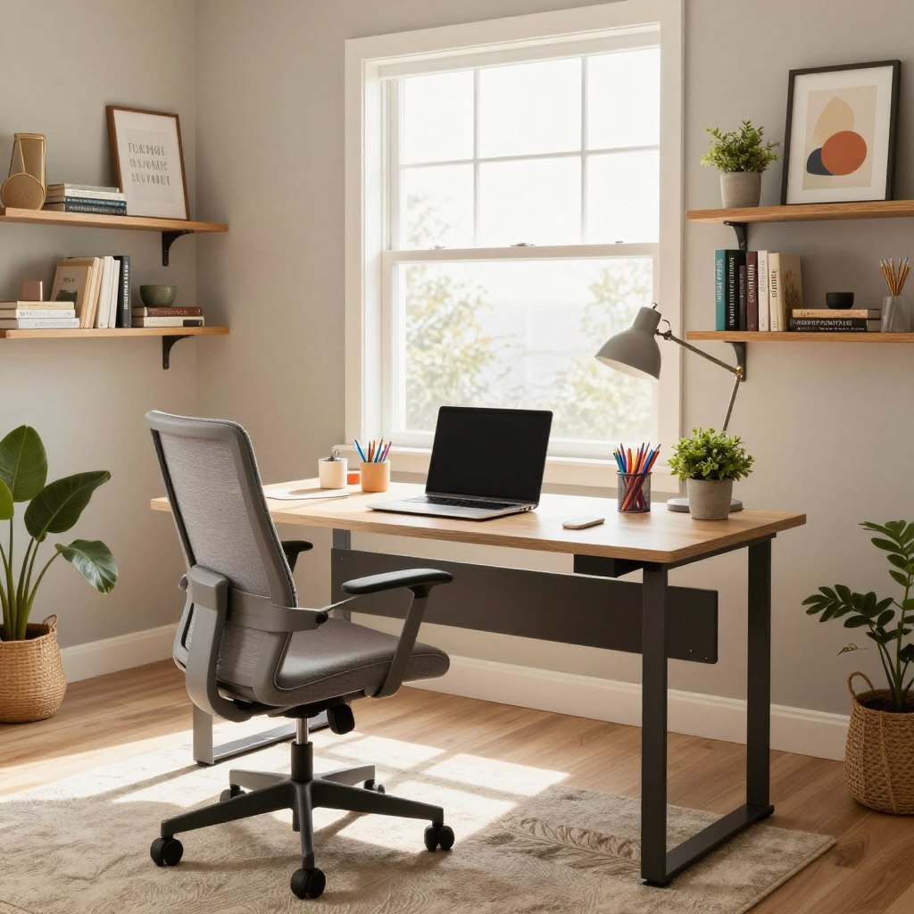 A beautifully designed home office workspace, focusing on productivity and creativity. In the foreground, a sleek, modern desk with a stylish ergonomic chair, adorned with a laptop, colorful stationery, and a small potted plant. The middle layer features shelves filled with books, framed art, and motivational quotes. Large windows in the background illuminate the room with natural light, casting soft shadows. The decor showcases soft neutral tones with pops of color, featuring a cozy area rug and wall art that inspires creativity. An inviting atmosphere, with warm lighting and a well-organized feel, emphasizes functionality combined with aesthetic appeal, perfect for a dedicated workspace. A beautifully designed home office workspace, focusing on productivity and creativity. In the foreground, a sleek, modern desk with a stylish ergonomic chair, adorned with a laptop, colorful stationery, and a small potted plant. The middle layer features shelves filled with books, framed art, and motivational quotes. Large windows in the background illuminate the room with natural light, casting soft shadows. The decor showcases soft neutral tones with pops of color, featuring a cozy area rug and wall art that inspires creativity. An inviting atmosphere, with warm lighting and a well-organized feel, emphasizes functionality combined with aesthetic appeal, perfect for a dedicated workspace.