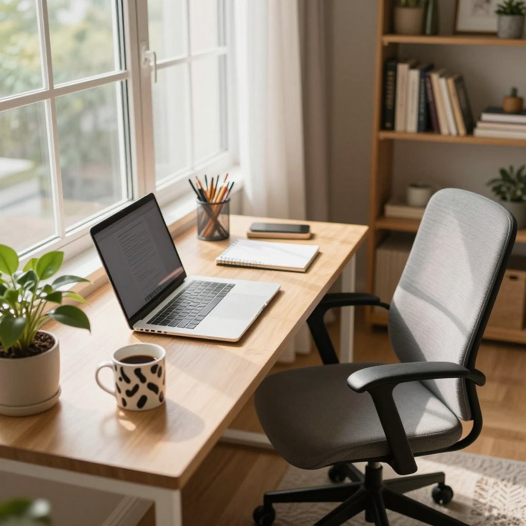 A beautifully designed home workspace in a cozy setting, featuring a stylish desk with a laptop, a comfortable ergonomic chair, and organized stationery. In the foreground, a potted plant adds a touch of greenery, while a stylish coffee mug sits next to a notepad. The middle ground shows a large window with soft natural light streaming in, illuminating the space and creating a warm, inviting atmosphere. In the background, bookshelves filled with books and decorative items reflect a personal touch. The angle is slightly overhead to capture the entire workspace layout, enhancing the sense of order and productivity. The mood is inspiring and serene, ideal for focused work sessions in a professional yet homey environment. A beautifully designed home workspace in a cozy setting, featuring a stylish desk with a laptop, a comfortable ergonomic chair, and organized stationery. In the foreground, a potted plant adds a touch of greenery, while a stylish coffee mug sits next to a notepad. The middle ground shows a large window with soft natural light streaming in, illuminating the space and creating a warm, inviting atmosphere. In the background, bookshelves filled with books and decorative items reflect a personal touch. The angle is slightly overhead to capture the entire workspace layout, enhancing the sense of order and productivity. The mood is inspiring and serene, ideal for focused work sessions in a professional yet homey environment.
