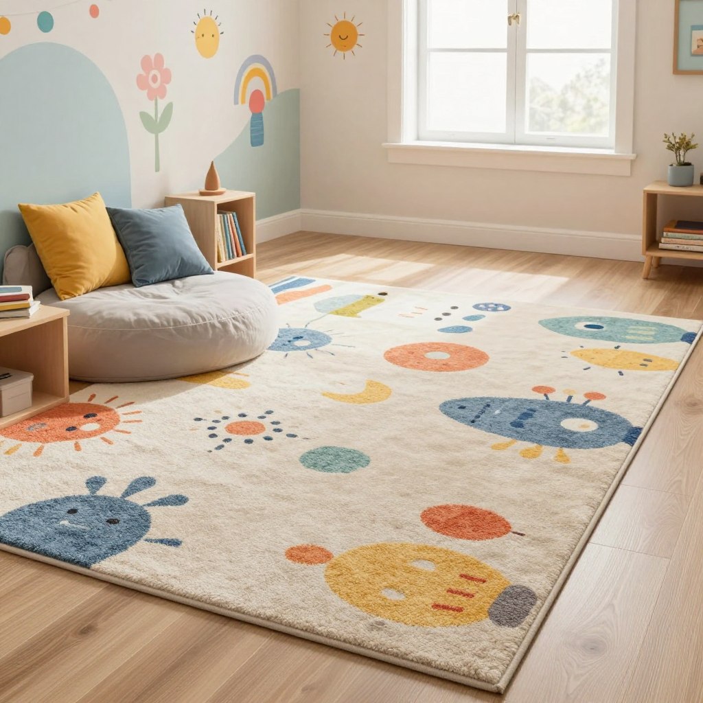 A beautifully designed kids' room featuring safe and stylish flooring options, like soft, textured rugs and durable vinyl planks with playful patterns. In the foreground, a cozy reading nook with colorful cushions and a small bookshelf, inviting for children. The middle ground showcases a sleek play area with vibrant flooring that looks both modern and welcoming. In the background, cheerful wall decorations in pastel colors adorn the walls, enhancing the playful atmosphere. Soft natural light pours in from a large window, creating a warm and inviting ambiance. The overall mood is cheerful and inspiring, reflecting a safe yet stylish environment for children to play and learn. The perspective is slightly elevated, capturing the entire room while focusing on the flooring's textures and colors. A beautifully designed kids' room featuring safe and stylish flooring options, like soft, textured rugs and durable vinyl planks with playful patterns. In the foreground, a cozy reading nook with colorful cushions and a small bookshelf, inviting for children. The middle ground showcases a sleek play area with vibrant flooring that looks both modern and welcoming. In the background, cheerful wall decorations in pastel colors adorn the walls, enhancing the playful atmosphere. Soft natural light pours in from a large window, creating a warm and inviting ambiance. The overall mood is cheerful and inspiring, reflecting a safe yet stylish environment for children to play and learn. The perspective is slightly elevated, capturing the entire room while focusing on the flooring's textures and colors.