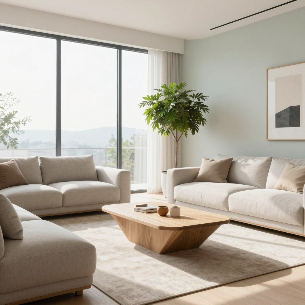 A beautifully designed minimalist living room in a modern apartment, featuring sleek furniture with clean lines. The foreground displays a cozy, low-profile sofa in soft neutral tones, accompanied by a geometric coffee table made of light wood. In the middle, an elegant rug complements the space, while a single oversized plant brings a touch of greenery. Large floor-to-ceiling windows in the background let in ample natural light, casting soft shadows across the room. The walls are painted in calming pastels, and minimalistic art pieces adorn them, enhancing the serene atmosphere. The scene is captured from a slightly angled perspective to emphasize depth, with a bright and airy feel, creating an inviting and peaceful ambiance perfect for contemporary living.