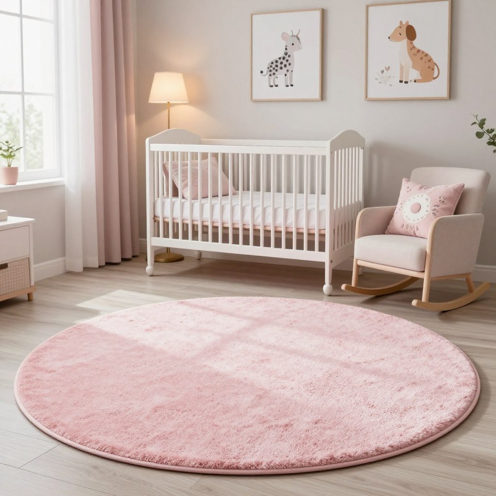 A beautifully designed modern baby room centered around a round pink nursery rug, which acts as a soft focal point. In the foreground, the plush rug features a subtle pattern, inviting tactile interaction and enhancing the room’s cozy atmosphere. The middle ground showcases a stylish crib with soft pastel bedding, complemented by a gentle rocking chair adorned with decorative cushions. In the background, light-colored walls display adorable animal-themed art, while a softly glowing lamp adds warmth to the space. Natural light floods in from a nearby window, creating a serene ambiance. The entire setting is designed to evoke feelings of charm and comfort, perfect for a nurturing environment. The composition captures the essence of aesthetic appeal in nursery design, focusing on elegance and tranquility.