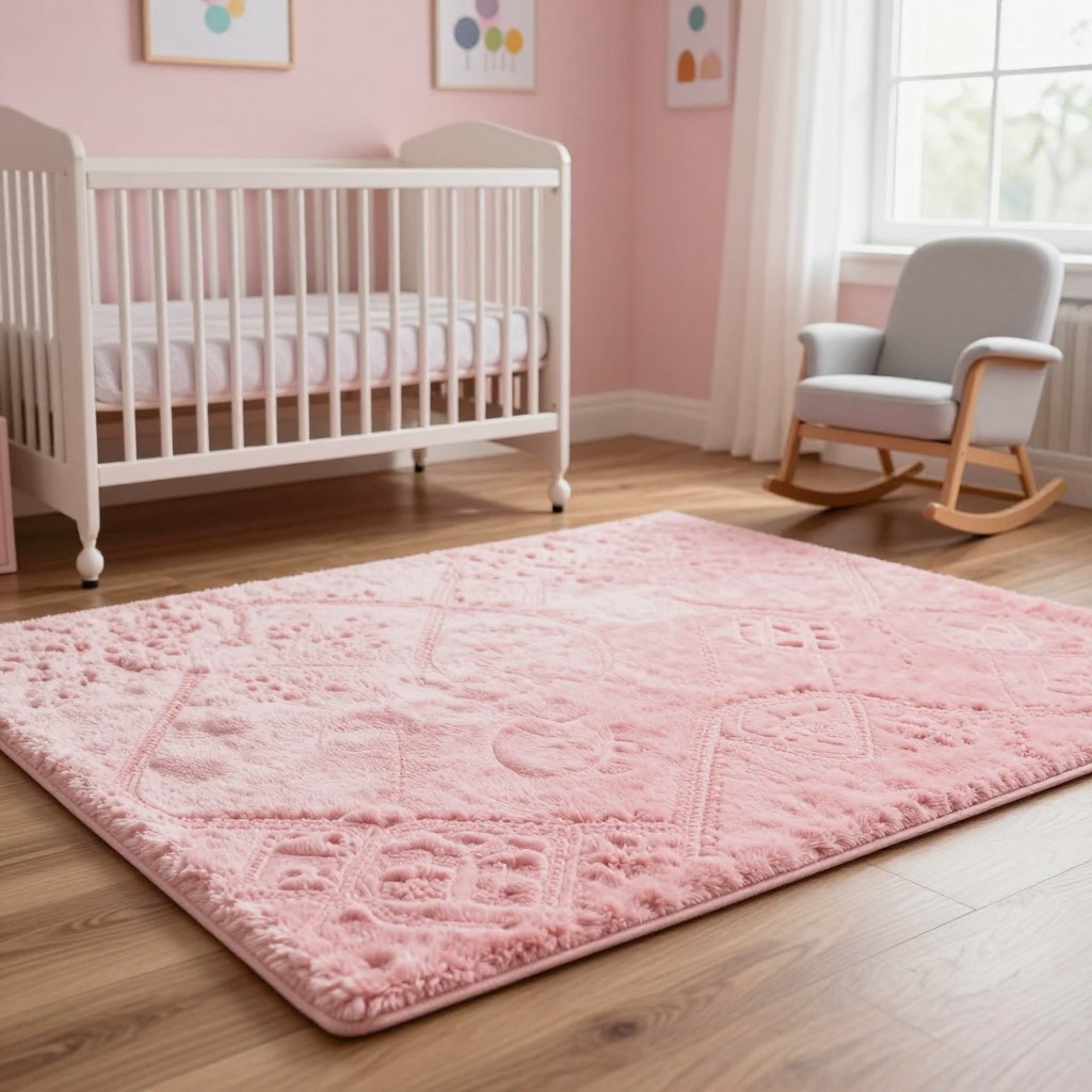 A beautifully designed nursery featuring a soft, fluffy pink rug that exudes charm and practicality. In the foreground, the plush washable pink rug is spread across a cozy wooden floor, with its intricate patterns and textures subtly highlighted. In the middle ground, a stylish crib adorned with light gray bedding complements the rug, while colorful wall art and a gentle rocking chair create an inviting atmosphere. The background showcases pastel-colored walls and a large window allowing natural sunlight to filter in, casting a warm, gentle glow across the room. The overall mood is serene and welcoming, perfect for a baby’s space. Capture this scene with a soft focus and a slightly elevated angle to emphasize the rug's design and the room's charm.