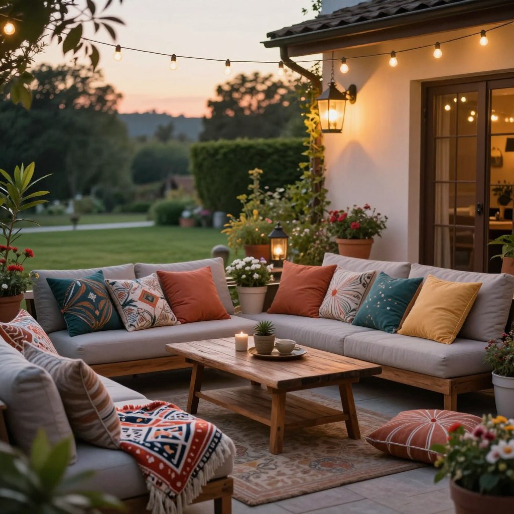 A beautifully designed outdoor patio scene that embodies cozy ambiance, featuring a stylish arrangement of furniture, including a plush seating area with colorful cushions and a rustic wooden coffee table. In the foreground, a charming outdoor throw blanket and decorative pillows add warmth. In the middle ground, lanterns and fairy lights hang above, casting a soft, inviting glow. Potted plants and blooming flowers add vibrant green and floral hues. The background features a tranquil backyard with a lush lawn and a hint of a serene sunset, creating a warm and welcoming atmosphere. The lighting is soft and magical, reminiscent of golden hour, captured with a shallow depth of field to focus on the inviting patio setup.