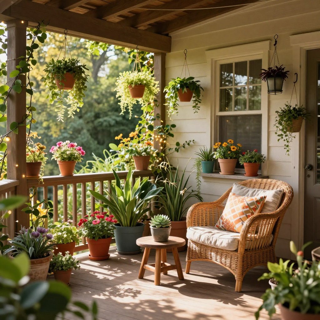 A beautifully designed porch exuding warmth and creativity, filled with a variety of potted plants and lush greenery. In the foreground, a cozy seating area with a wicker chair adorned with patterned cushions, a small wooden table with a succulent centerpiece, and hanging plants draping from hooks above. The middle ground features an open porch, surrounded by vibrant flowering plants in colorful pots, creating a welcoming atmosphere. In the background, a quaint wooden railing with climbing vines and twinkling fairy lights adding a warm glow. The soft afternoon sunlight filters through the leaves, creating dappled shadows on the porch floor, while the overall scene conveys a tranquil, inviting ambiance perfect for relaxation.