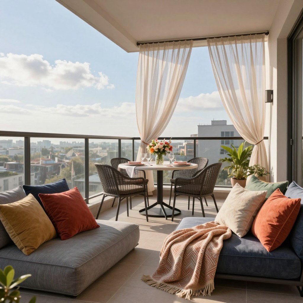 A beautifully designed spacious balcony adorned with weather-resistant textiles and layered fabrics. In the foreground, plush cushions in vibrant colors are arranged on a deep-set lounge chair, accompanied by a stylish throw blanket that cascades over the side. The middle section features a chic outdoor dining table, set with elegant tableware and a centerpiece of fresh flowers. Draped lightly around the railing are sheer curtains that flutter gently in the breeze, providing a touch of elegance and privacy. The background showcases a bright blue sky with soft, wispy clouds, and an urban skyline in the distance. Warm, natural sunlight illuminates the scene, creating a cozy and inviting atmosphere. The composition is shot from a slightly elevated angle, showcasing the full depth and comfort of the balcony space.