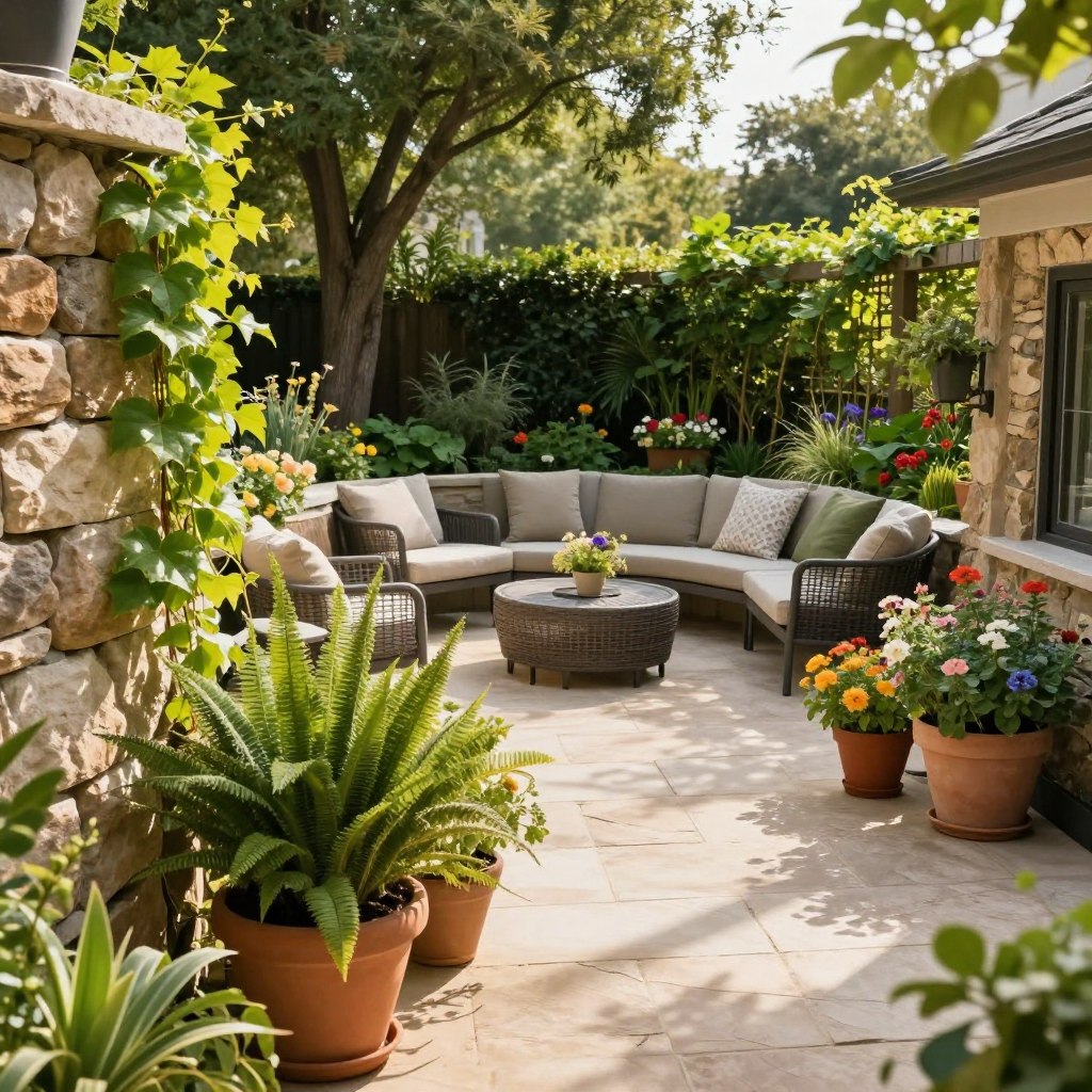 A beautifully landscaped patio featuring vertical greenery and natural stone features. In the foreground, there are lush potted plants and climbing vines cascading down a stone wall, creating a vibrant and inviting atmosphere. The middle layer includes a cozy seating area with modern outdoor furniture, surrounded by flower beds filled with colorful blooms. In the background, tall trees and a gentle trellis adorned with greenery provide privacy and a sense of tranquility. The scene is bathed in soft, warm daylight, casting gentle shadows and enhancing the textures of the stone and foliage. Capture this inviting outdoor retreat from a slightly elevated angle, showcasing the harmony of nature and design in a serene setting.