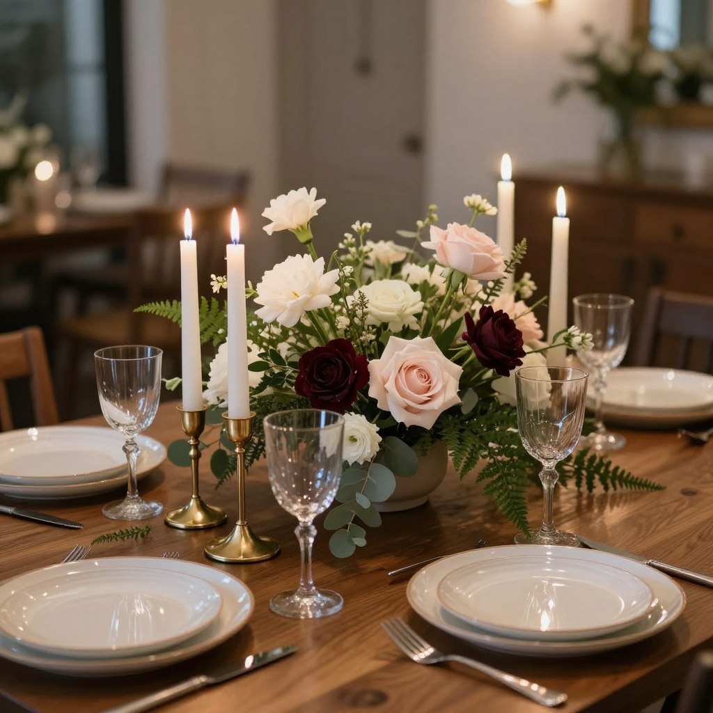 A beautifully set dining table centerpiece, featuring an elegant arrangement of fresh seasonal flowers in shades of white, pale pink, and deep burgundy. The foreground displays a polished wooden table with artistic, hand-thrown ceramic plates and delicate glassware reflecting light. In the middle, an eclectic mix of tall and short candlesticks, with white and gold candles flickering softly, enhances the intimate atmosphere. Fresh greenery, such as eucalyptus and ferns, weaves through the centerpiece, adding texture and warmth. The background reveals a softly blurred ambiance of a stylish dining room, illuminated by warm, ambient lighting that creates a cozy yet sophisticated mood. The image captures the essence of creativity and charm, perfect for inspiring dining table decor solutions.
