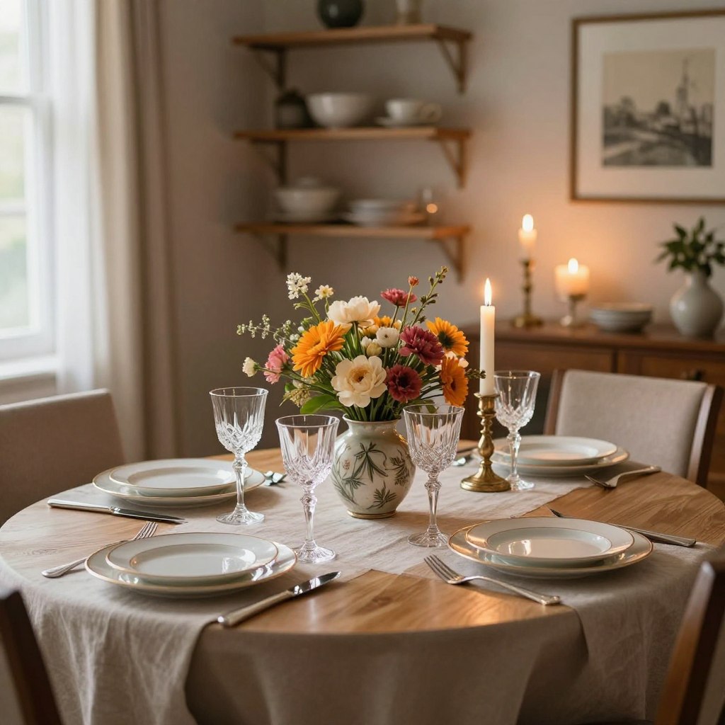 A beautifully set dining table in an elegant home environment, showcasing essential decor elements for stylish gatherings. In the foreground, a polished wooden table dressed with a soft, neutral tablecloth and a centerpiece of vibrant seasonal flowers in an artisanal vase. Surrounding the table are fine china plates, sparkling crystal glassware, and gleaming silver cutlery, artfully arranged. In the middle ground, warm candlelight flickers from decorative candlesticks, casting a gentle glow. The background features softly lit shelves adorned with elegant serveware and tasteful artwork, creating a cozy ambiance. Natural sunlight filters through sheer curtains, adding a soft warmth and inviting atmosphere. Capture this scene with a shallow depth of field to emphasize the table setup, evoking a sense of comfort and elegance suitable for intimate gatherings.