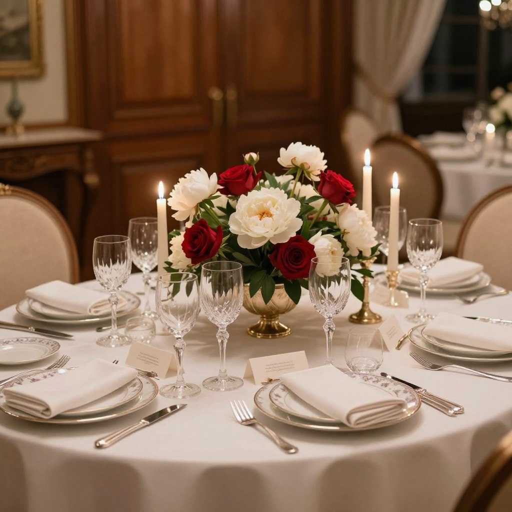 A beautifully set formal dining table, showcasing an elegant tablescape ideal for upscale events. In the foreground, a pristine white tablecloth drapes elegantly, adorned with fine china plates in delicate patterns, polished silverware, and crystal wine glasses glinting in soft candlelight. Luxurious floral centerpieces featuring white peonies and deep red roses create a stunning contrast. In the middle ground, napkins are artfully folded in ornate shapes, while tasteful place cards are arranged neatly. The background reveals a softly lit dining room with ornate wood paneling, enhancing the sophisticated ambiance. The scene is illuminated with warm, inviting lighting, captured from a slightly elevated angle to showcase the tablescape in its entirety. The overall mood is refined and inviting, perfect for an upscale gathering.