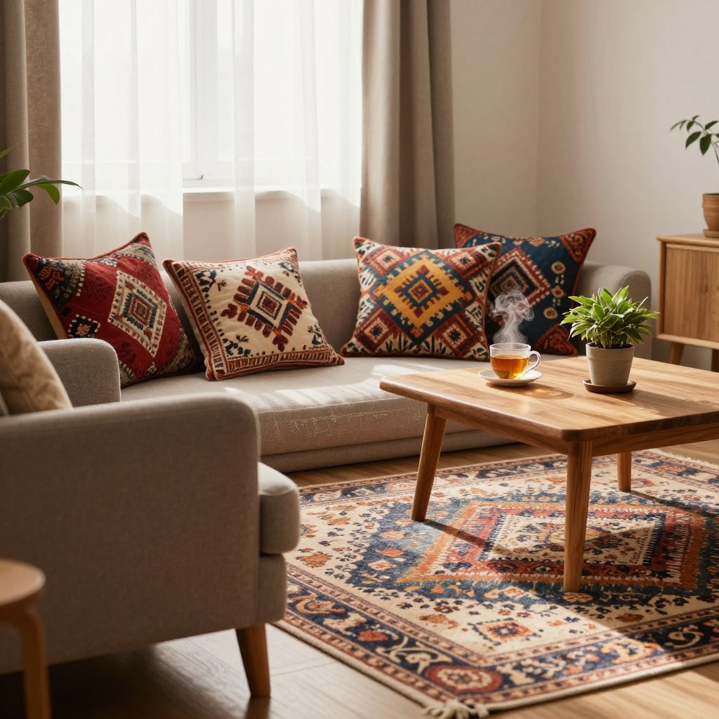 A beautifully styled apartment corner showcasing cozy textiles for decor. In the foreground, a plush, oversized knitted blanket drapes over a soft, textured armchair in muted earth tones. Nearby, colorful throw pillows with intricate patterns are scattered atop a bohemian-style rug. The middle section features a wooden coffee table adorned with a steaming cup of herbal tea and a small potted plant. In the background, warm light filters through sheer curtains, illuminating the peaceful space filled with natural elements. The atmosphere is inviting and serene, evoking comfort and tranquility, perfect for a relaxing retreat at home. Use soft, diffused lighting with a warm color palette to enhance the cozy feel. A shallow depth of field will draw attention to the textiles and create a snug ambiance.