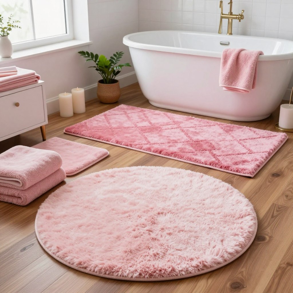 A beautifully styled bathroom featuring an array of pink rugs in various designs, showcasing coordinating colors and textures. In the foreground, a fluffy, light pink circular rug rests on a polished wooden floor, while in the middle, a darker pink rectangular rug complements a chic white bathtub. Surrounding the rugs are elegant accessories, such as soft towels in pastel hues, a small potted plant, and a candle set. The background reveals a modern bathroom setup with white tiles and natural light streaming in through a frosted window, creating a serene ambiance. The overall mood is inviting and stylish, reflecting a harmonious blend of comfort and chic design. The image should be bright and airy, emphasizing the decor and textures of the rugs. A beautifully styled bathroom featuring an array of pink rugs in various designs, showcasing coordinating colors and textures. In the foreground, a fluffy, light pink circular rug rests on a polished wooden floor, while in the middle, a darker pink rectangular rug complements a chic white bathtub. Surrounding the rugs are elegant accessories, such as soft towels in pastel hues, a small potted plant, and a candle set. The background reveals a modern bathroom setup with white tiles and natural light streaming in through a frosted window, creating a serene ambiance. The overall mood is inviting and stylish, reflecting a harmonious blend of comfort and chic design. The image should be bright and airy, emphasizing the decor and textures of the rugs.