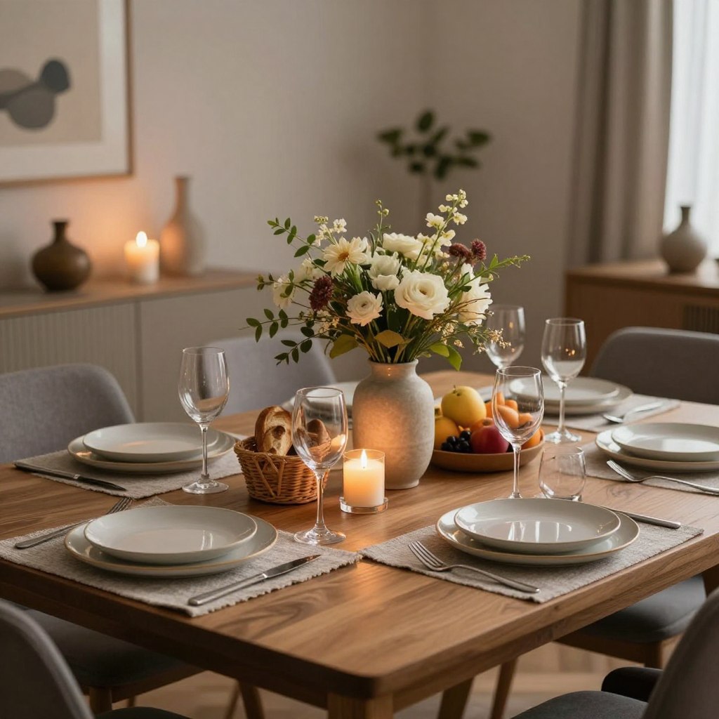 A beautifully styled dining room table set for an elegant gathering, featuring a minimalist design that balances practicality with aesthetic appeal. In the foreground, an inviting wooden table is adorned with textured linen placemats, handcrafted ceramic plates, and elegant glassware, reflecting warm candlelight. The middle ground showcases a centerpiece of fresh flowers in a stylish vase, surrounded by tasteful decorative elements like an artisanal breadbasket and seasonal fruits. In the background, soft, ambient lighting creates a cozy atmosphere, with subtle wall art enhancing the décor. The overall mood is welcoming and sophisticated, ideal for stylish gatherings. The angle captures the table from a slight elevation, inviting viewers into the intimate dining space, highlighting the blend of functionality and decorative charm.