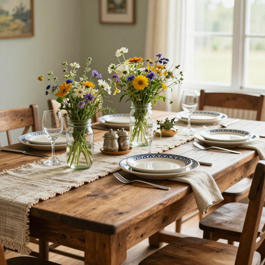 A beautifully styled farmhouse dining table made from reclaimed wood is set in an inviting, rustic setting. In the foreground, the table is adorned with vintage decor: mason jar vases filled with fresh wildflowers, a handwoven table runner, and artisanal ceramic plates. In the middle, charming antique flatware and napkins are elegantly arranged, creating a warm and welcoming atmosphere for gatherings. The backdrop features soft, natural light filtering through a nearby window, casting gentle shadows and enriching the textures of the wood. The scene captures a cozy, relaxed feeling, ideal for family meals or friendly get-togethers, with a focus on simplicity and warmth in the styling. No people are present, allowing the decor to take center stage.