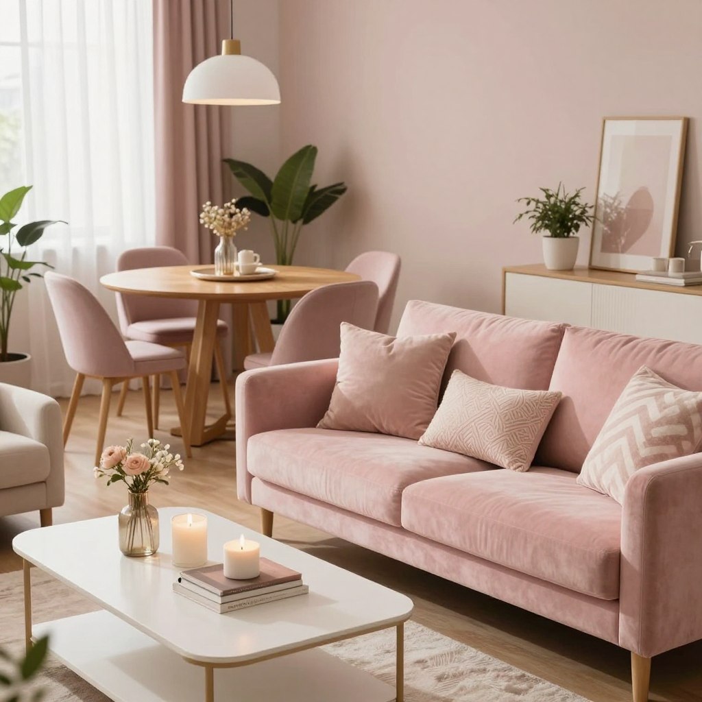 A beautifully styled feminine apartment featuring chic furniture selections. In the foreground, a plush blush pink sofa adorned with decorative cushions, paired with a sleek white coffee table holding stylish decor items like candles and books. The middle ground showcases an elegant dining area with a round wooden table surrounded by soft pastel chairs, and a modern pendant light hanging above. In the background, soft pastel-colored walls and potted plants create a cozy atmosphere, with sheer curtains allowing warm, natural light to filter in. The room's design emphasizes a serene, inviting mood, perfect for a chic and cozy living space. The image should capture this harmonious arrangement from a slightly elevated angle to highlight the layout and colors.