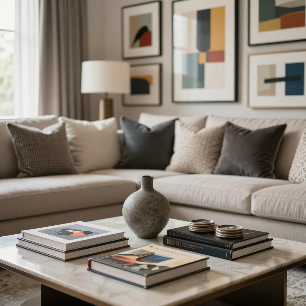 A beautifully styled living room featuring expensive-looking home decor. In the foreground, showcase a sleek coffee table adorned with curated art books, a modern sculptural vase, and chic coasters. The middle layer reveals a plush, elegant sofa draped with textured pillows, complemented by a stylish armchair. Behind, a gallery wall displays an assortment of framed abstract art with striking colors. Soft, natural lighting filters in through large windows, creating a warm and inviting atmosphere. The scene is captured with a shallow depth of field, emphasizing the decor while softly blurring the edges. The overall mood is sophisticated and serene, embodying a designer look that feels both luxurious and curated.