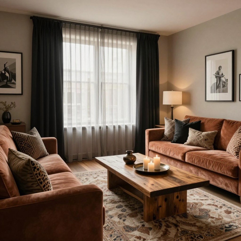 A beautifully styled luxury apartment interior showcasing budget-friendly decor options that exude elegance. In the foreground, a plush velvet sofa layered with a mix of patterned and solid throw pillows in warm tones. A soft area rug with intricate textures enhances coziness. In the middle, a chic coffee table made of reclaimed wood displays stylish decor items like a decorative tray and candles. The backdrop features large windows draped with layered sheer and blackout curtains that filter in soft, natural light, creating a warm glow. The walls are adorned with framed artwork and subtle textures, adding depth. The scene radiates a welcoming, sophisticated atmosphere, perfect for a stylish living space on a budget.