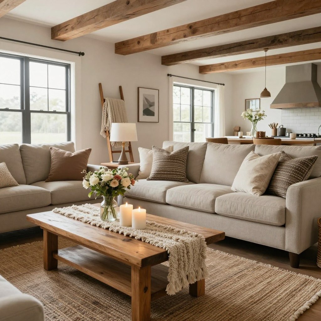 A beautifully styled modern farmhouse interior, showcasing cozy decor elements. In the foreground, a handcrafted wooden coffee table adorned with a soft, textured runner, fresh flowers, and neatly arranged candles. The middle ground features a plush, inviting sofa in neutral tones, accented with patterned throw pillows, and a rustic, woven area rug. A vintage ladder holds warm, wool blankets. In the background, large windows allow natural light to spill in, illuminating the room's open layout with soft, warm lighting. Decorative wooden beams stretch across the ceiling. The overall atmosphere is inviting and tranquil, perfect for a cozy living space. The scene captures the essence of rustic charm blended with modern elegance, emphasizing comfort and style. A beautifully styled modern farmhouse interior, showcasing cozy decor elements. In the foreground, a handcrafted wooden coffee table adorned with a soft, textured runner, fresh flowers, and neatly arranged candles. The middle ground features a plush, inviting sofa in neutral tones, accented with patterned throw pillows, and a rustic, woven area rug. A vintage ladder holds warm, wool blankets. In the background, large windows allow natural light to spill in, illuminating the room's open layout with soft, warm lighting. Decorative wooden beams stretch across the ceiling. The overall atmosphere is inviting and tranquil, perfect for a cozy living space. The scene captures the essence of rustic charm blended with modern elegance, emphasizing comfort and style.
