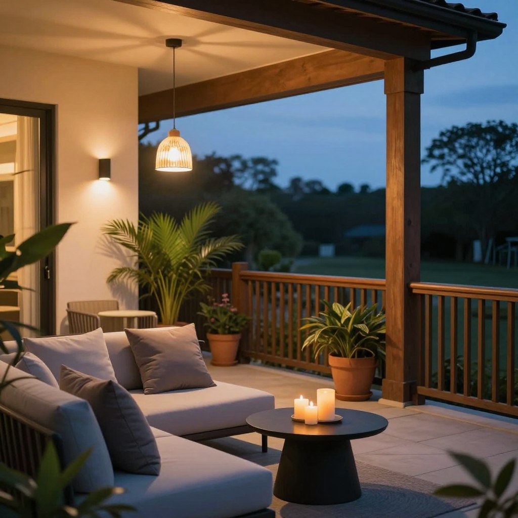 A beautifully styled modern porch at dusk, showcasing an inviting space with warm ambient lighting fixtures. In the foreground, a cozy seating area features plush cushions on a sleek, contemporary sofa, surrounded by stylish throw blankets. Ambient pendant lights hang gracefully above, casting a soft glow. The middle ground includes lush potted plants adding greenery, and a trendy side table adorned with candles. In the background, a charming wooden railing complements the modern aesthetic. The scene is captured with a shallow depth of field, emphasizing the warm lighting against a twilight sky. The overall mood is serene and inviting, perfect for evening relaxation, highlighting safety with well-lit pathways and a welcoming atmosphere. The angle is slightly elevated, offering a complete view of the porch setting.