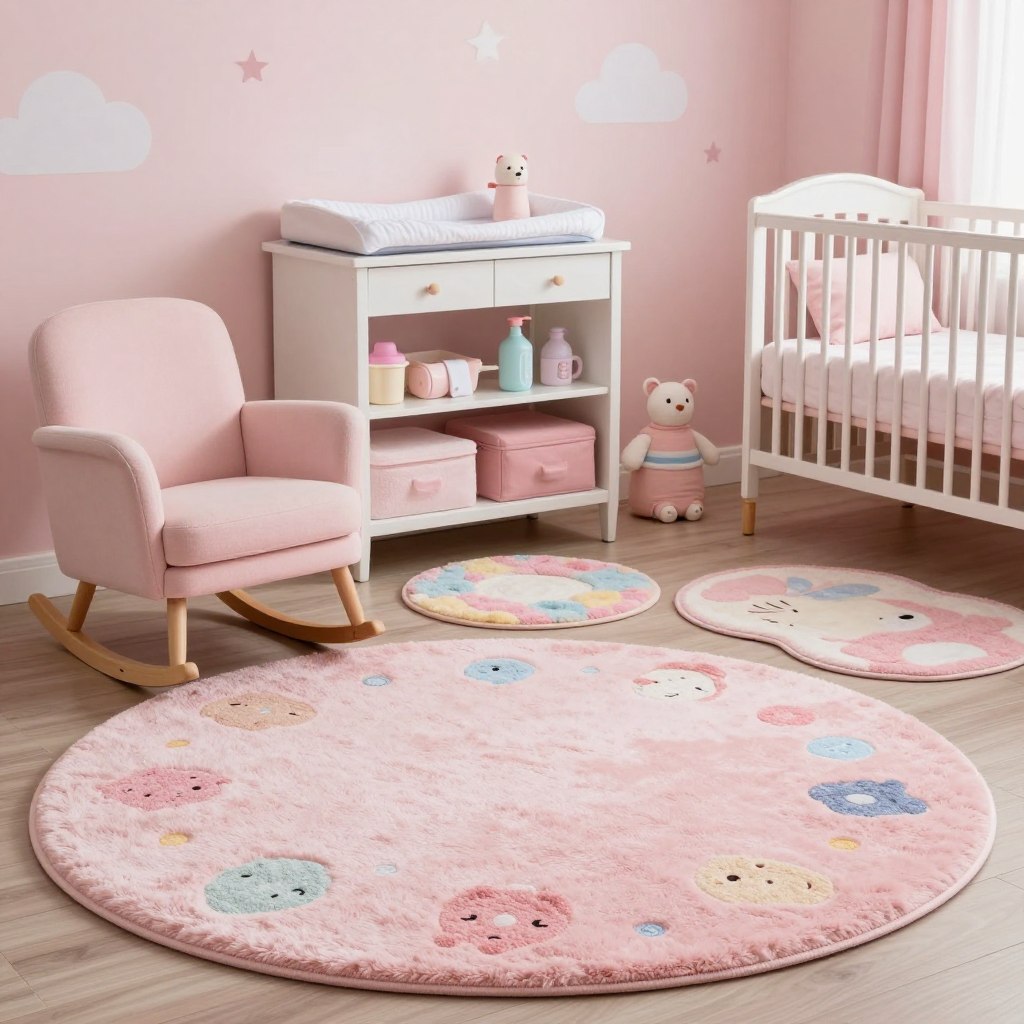 A beautifully styled nursery room featuring soft pink rugs that add charm and warmth. In the foreground, a plush round rug with a fluffy texture, adorned with whimsical patterns, lies under a comfortable rocking chair. The middle space showcases a changing table with neatly arranged baby essentials, surrounded by smaller pastel-colored rugs for additional color and comfort. In the background, a softly painted wall with subtle clouds and stars complements the overall decor, while a cozy crib with matching pink bedding completes the atmosphere. Warm, soft lighting enhances the inviting mood, creating a peaceful and nurturing environment. The lens captures the scene at a slight angle, emphasizing the harmonious arrangement of rugs and decor, without any text or distractions.