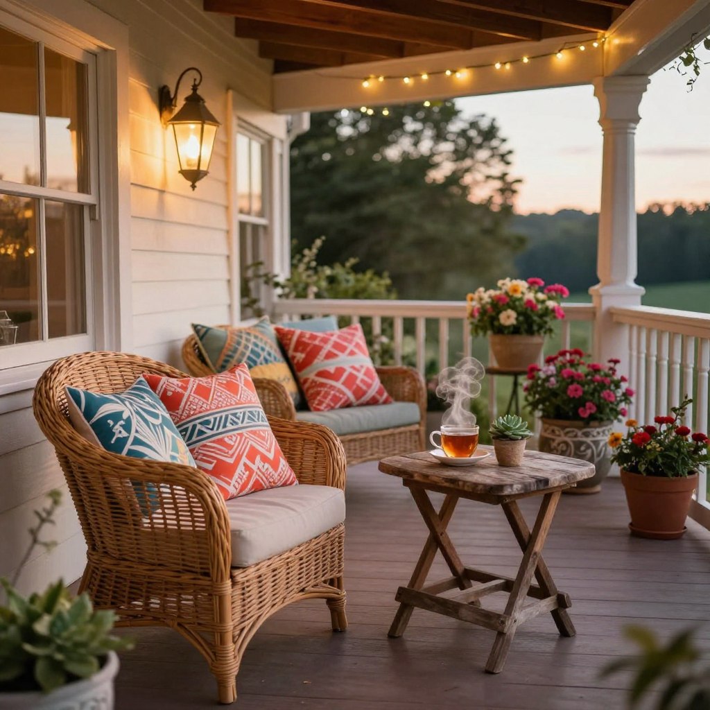 A beautifully styled outdoor porch with a warm and inviting atmosphere, featuring a variety of porch accessories and colorful pillows. In the foreground, a cozy wicker chair adorned with soft, patterned pillows invites relaxation. Next to it, a rustic wooden side table holds a steaming cup of tea and a small succulent plant. The middle ground includes a lush, green rug, enhancing the cozy feel of the space. Hanging lanterns softly illuminate the area, casting a gentle glow as evening approaches. The background reveals blooming flowers in decorative pots and a quaint railing, framed by twinkling fairy lights overhead. The scene is bathed in soft, golden hour lighting, creating an inviting ambiance perfect for outdoor gatherings.