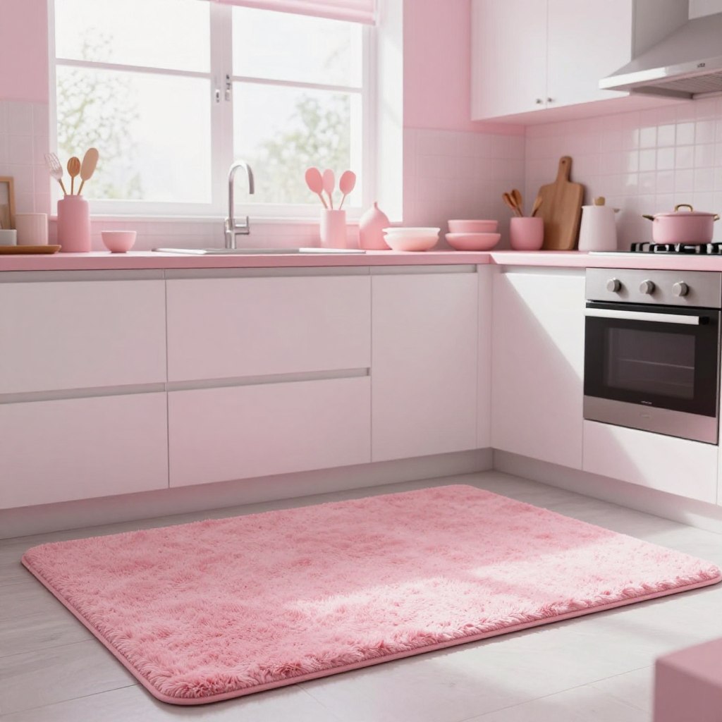 A beautifully styled pink kitchen, showcasing elegant decor elements with a modern aesthetic. In the foreground, a soft, plush pink kitchen rug adds warmth and a pop of color, contrasting with sleek white cabinetry. The middle layer features a stylish arrangement of kitchen accessories, including pastel-colored utensils and chic, minimalist decor items that complement the pink theme. In the background, a sunlit window casts gentle light, illuminating the space and creating a cozy atmosphere. Use a wide-angle lens to capture the entire scene, emphasizing the harmonious blend of colors and textures. The mood is inviting and cheerful, perfect for showcasing a stylish kitchen space enhanced by charming pink rugs. A beautifully styled pink kitchen, showcasing elegant decor elements with a modern aesthetic. In the foreground, a soft, plush pink kitchen rug adds warmth and a pop of color, contrasting with sleek white cabinetry. The middle layer features a stylish arrangement of kitchen accessories, including pastel-colored utensils and chic, minimalist decor items that complement the pink theme. In the background, a sunlit window casts gentle light, illuminating the space and creating a cozy atmosphere. Use a wide-angle lens to capture the entire scene, emphasizing the harmonious blend of colors and textures. The mood is inviting and cheerful, perfect for showcasing a stylish kitchen space enhanced by charming pink rugs.